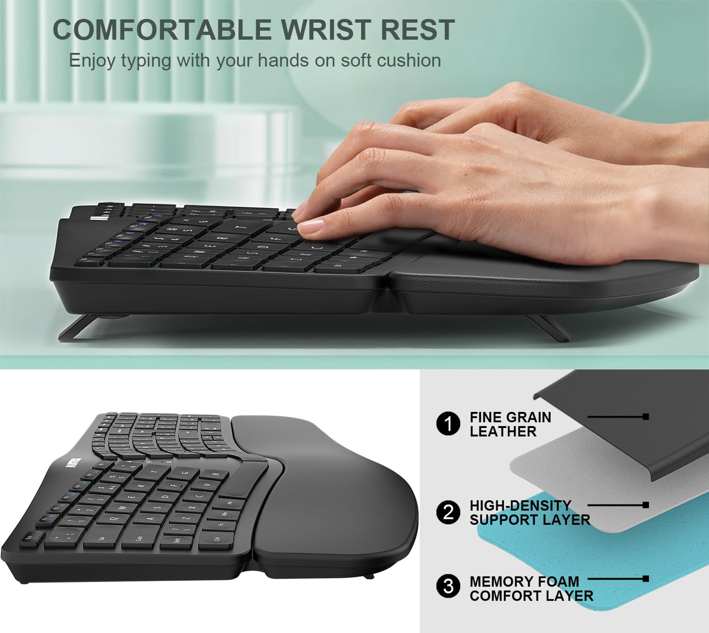 Arteck Split Ergonomic Keyboard with Cushioned Wrist and Palm Rest, 2.4G USB Wireless Comfortable Natural Ergonomic Split Keyboard, for Windows Computer Desktop Laptop