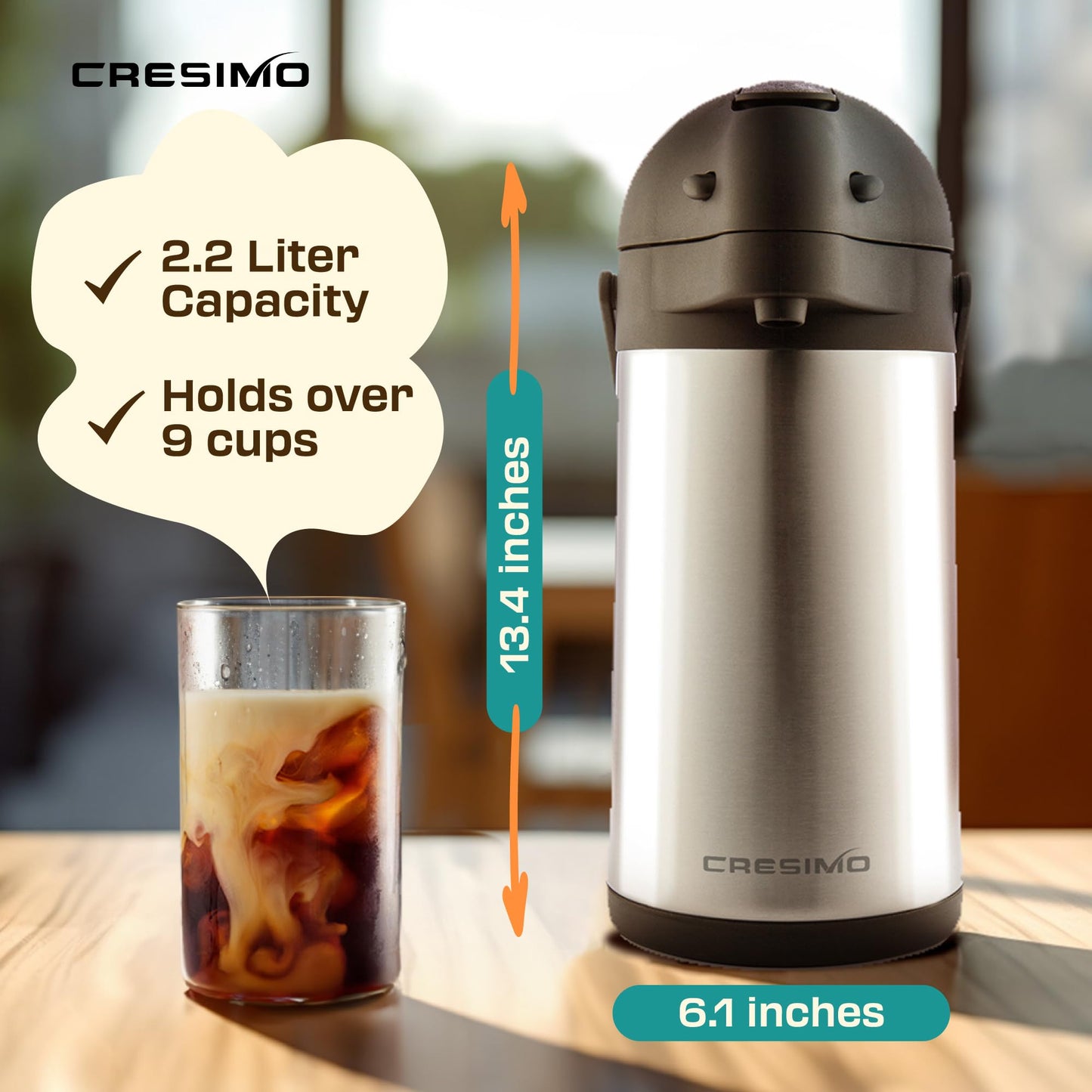 2.2L Coffee Carafe Hot Water Flask | Stainless Steel Pump Tea Flasks for Hot Drinks to Keep Drinks 12 Hours Hot / 24 Hours Cold | Insulated Tea Dispenser, Lab Tested Thermal Teapot - Cresimo