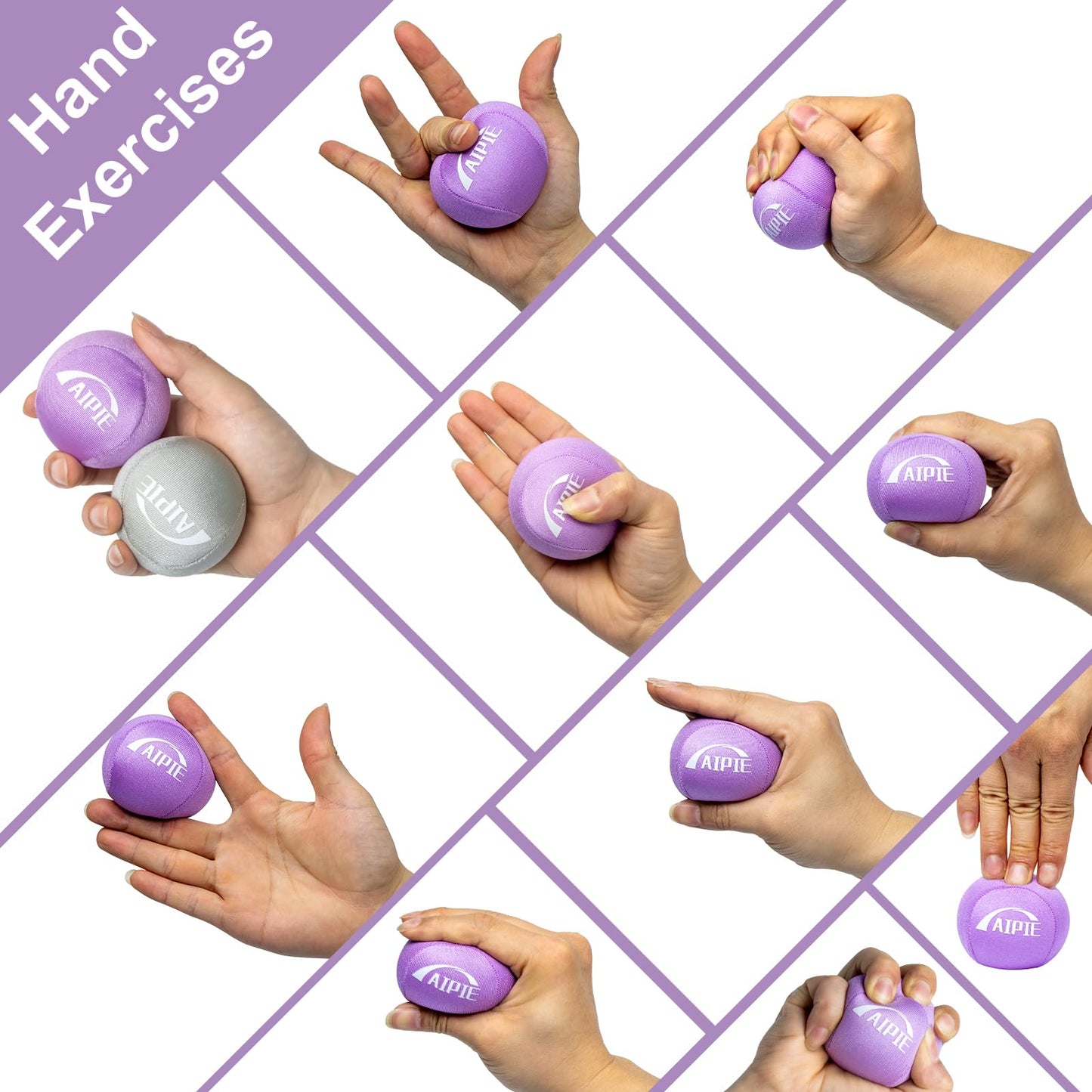 AIPIE 3 Stress Ball Hand Strength Trainer Physiotherapy 1 Soft 1 Medium 1 Hard Gel Massage Balls for Adult Anxiety Relief Comfort Grip Resistance Training Finger Palme Wrist Fidget Gift Set, Purple