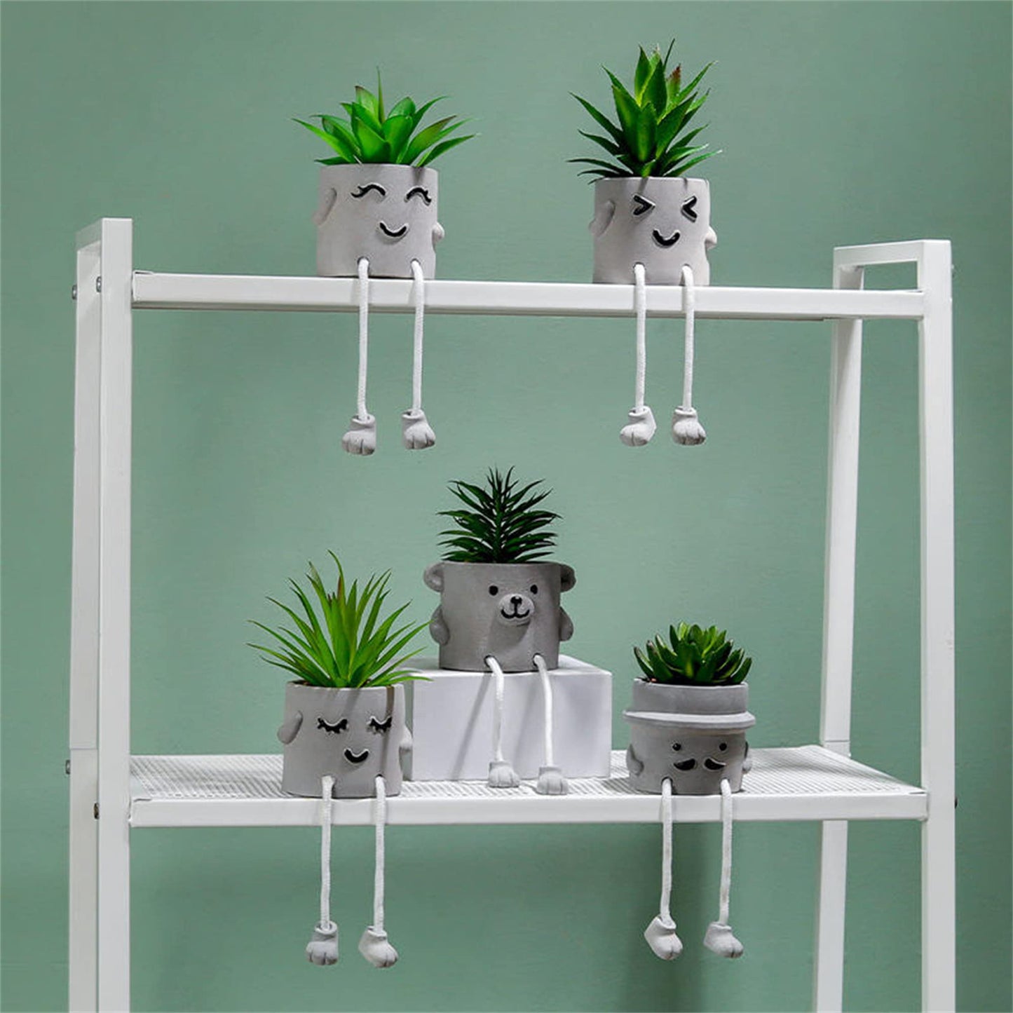 Artificial Plants Indoor, Fake Succulent Plants with Hanging Leg, Plant Pots with Creative Emotional Cement, Faux Plants Home Decor for House Office Bedroom Living Room Table Desk Shelf (2Pcs)