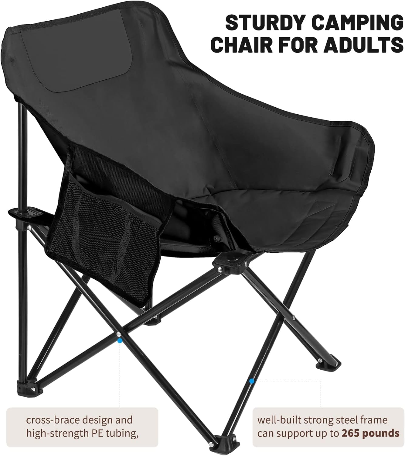 Camping Chairs Set of 2 Portable Chair Support 265lbs for Adults,Foldable Chair Sets up in 4 Seconds, Backpacking Chair with Carring Bags, Black