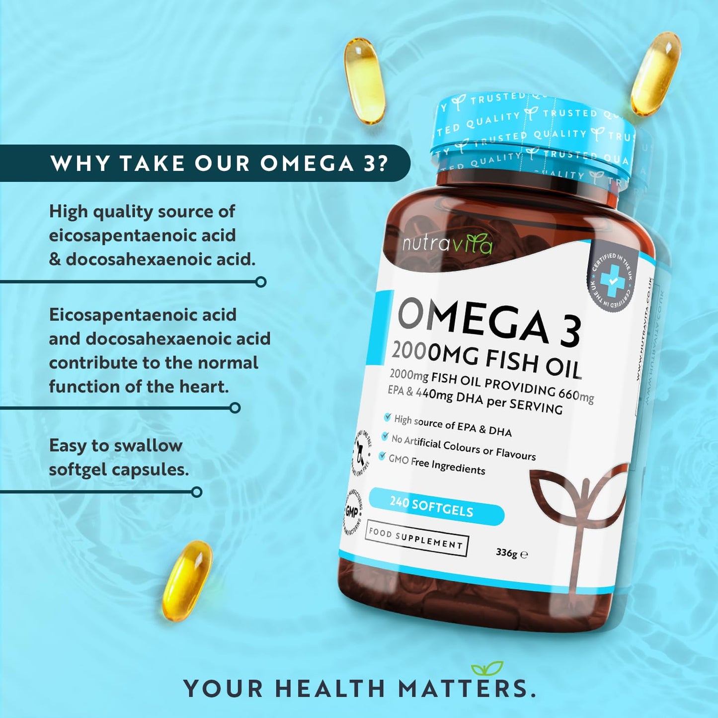 - Omega 3 - 240 Softgel Capsules of Sustainably Sourced Pure Omega 3 Fish Oil -