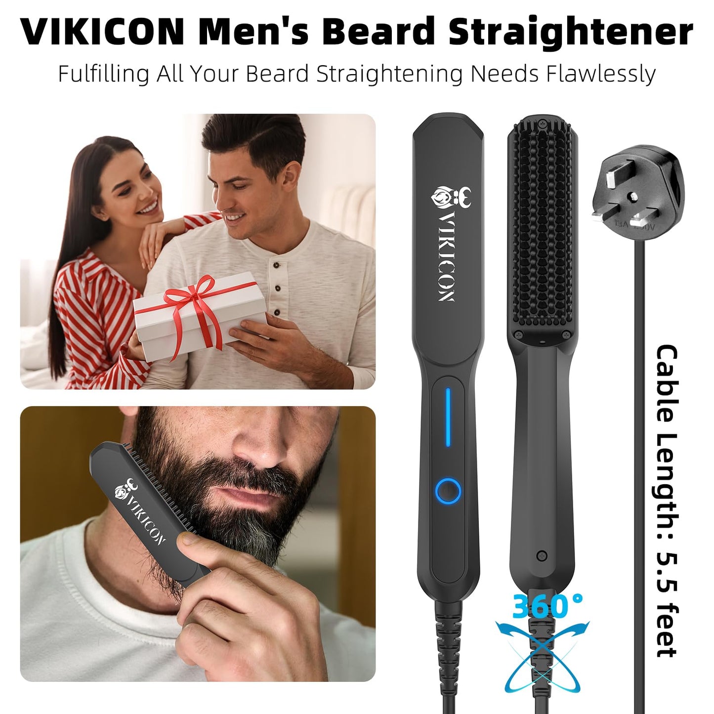 = VIKICON Beard Straightener Comb for Men, Professional Beard Hair Straightening Heated Brush -