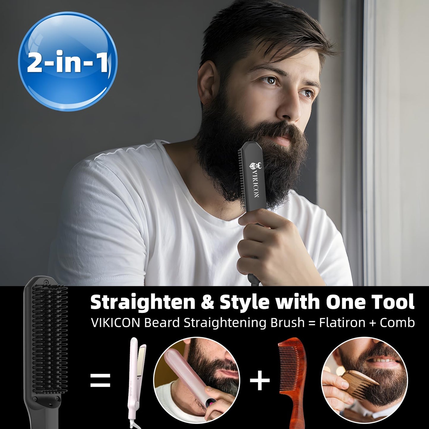 = VIKICON Beard Straightener Comb for Men, Professional Beard Hair Straightening Heated Brush -
