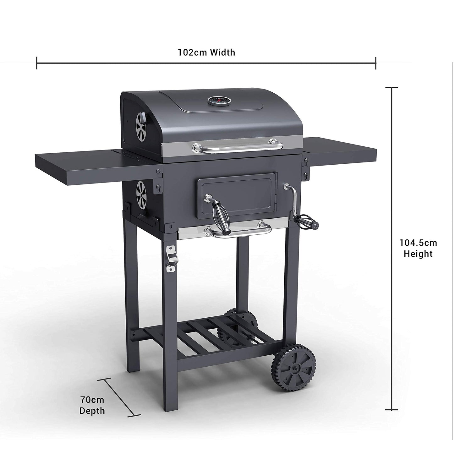Charcoal BBQ Grill Smoker Stainless Steel with Folding Side Table Shelves, Built-In Thermometer, Wheels, Adjustable Height Outdoor Barbecue BillyOh Kentucky, Black