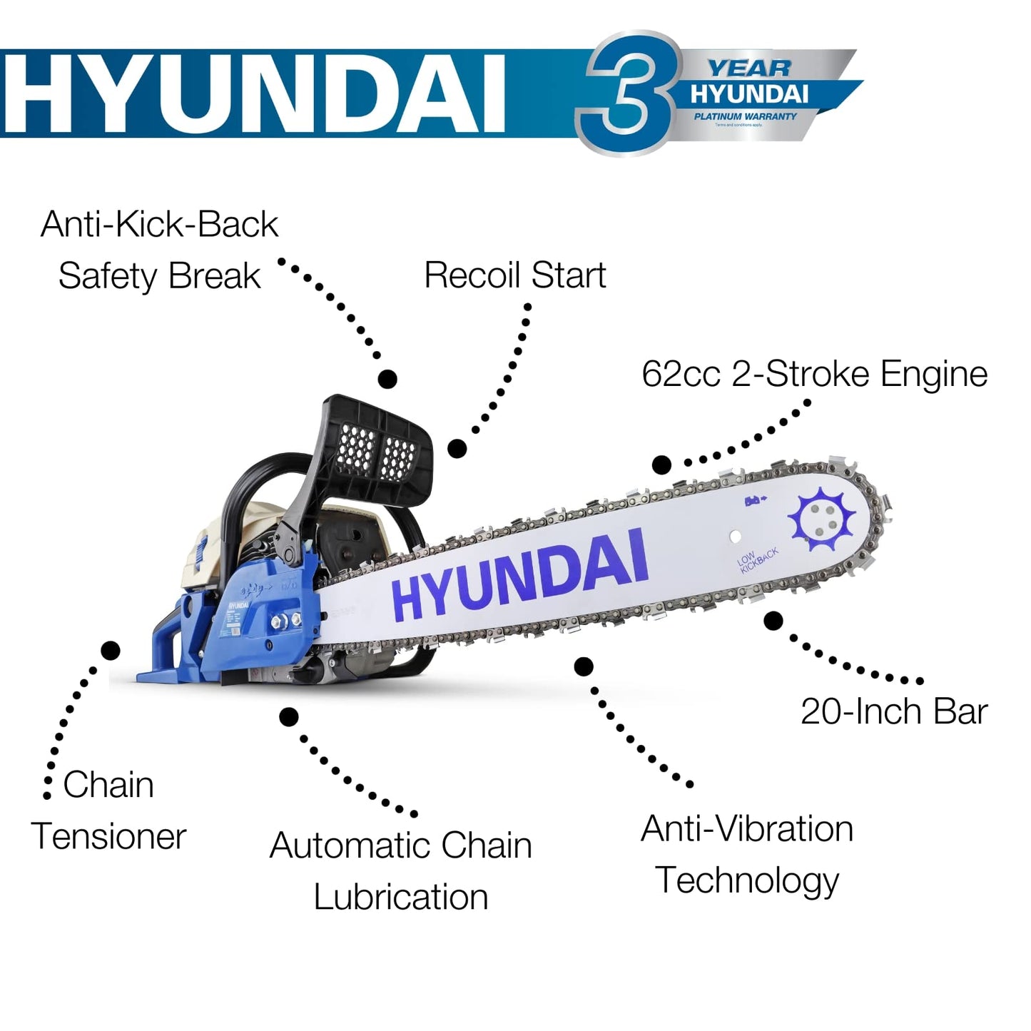 - Hyundai 62cc 20” Petrol Chainsaw | 2-Stroke Easy-Start -