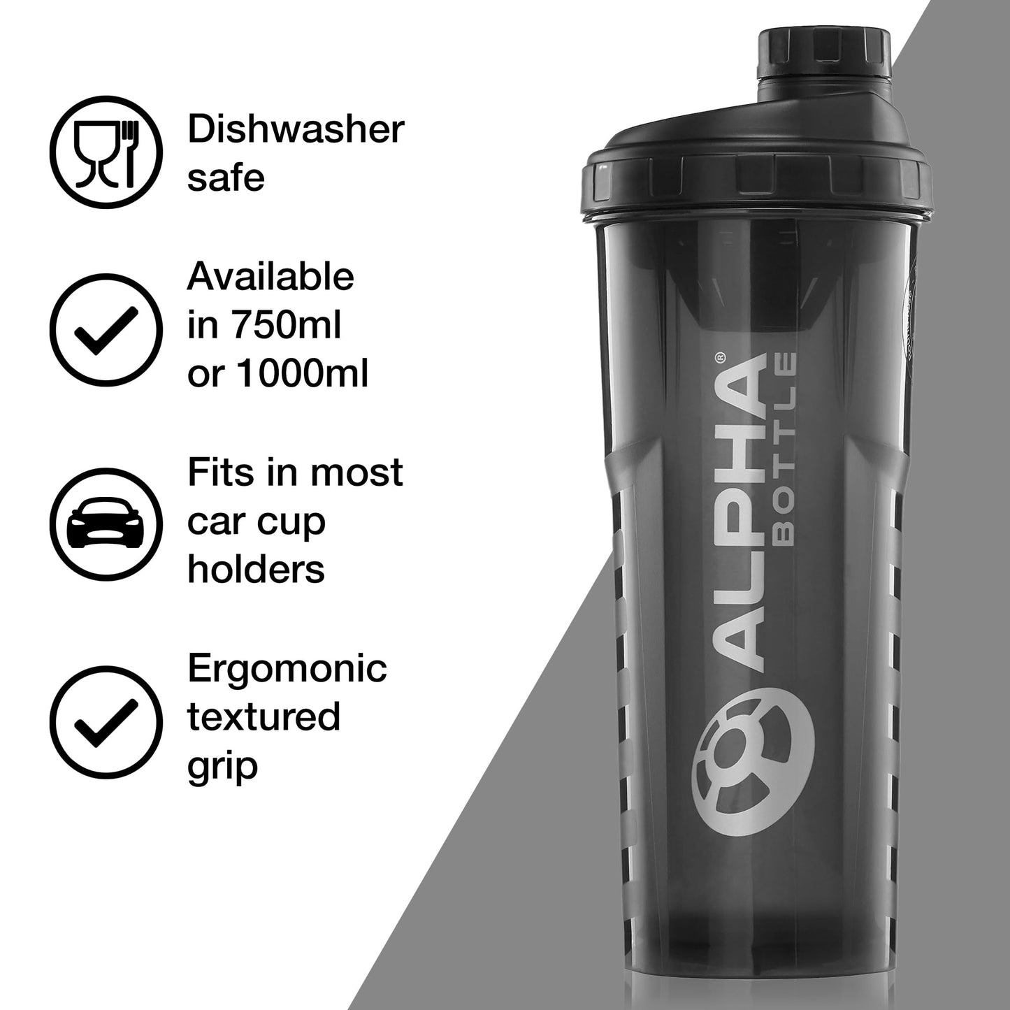 Alpha Designs | Protein Shaker Bottle | 750ml Gym Cup | for Protein Powder Shakes & Sports Supplements | Pre Workout Mixer | BPA Free | 0.75L | Smoke
