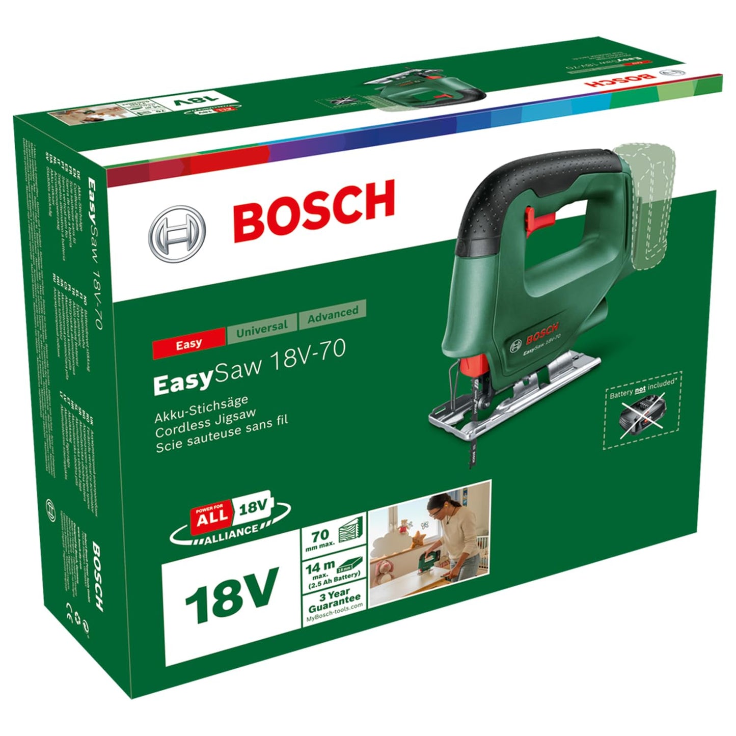 Bosch Home and Garden Cordless Jigsaw EasySaw 18V-70 (Without Battery, 18 Volt System, in Carton Packaging)