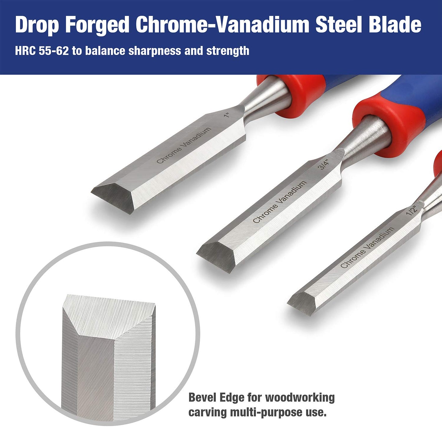 - WORKPRO Wood Chisel Set, 3 Pieces Wood Carving Chisels 12 mm, 19 mm, 25 mm, Cr-V Bevel Edge Chisels with Steel Hammer End and Non Slip Handle