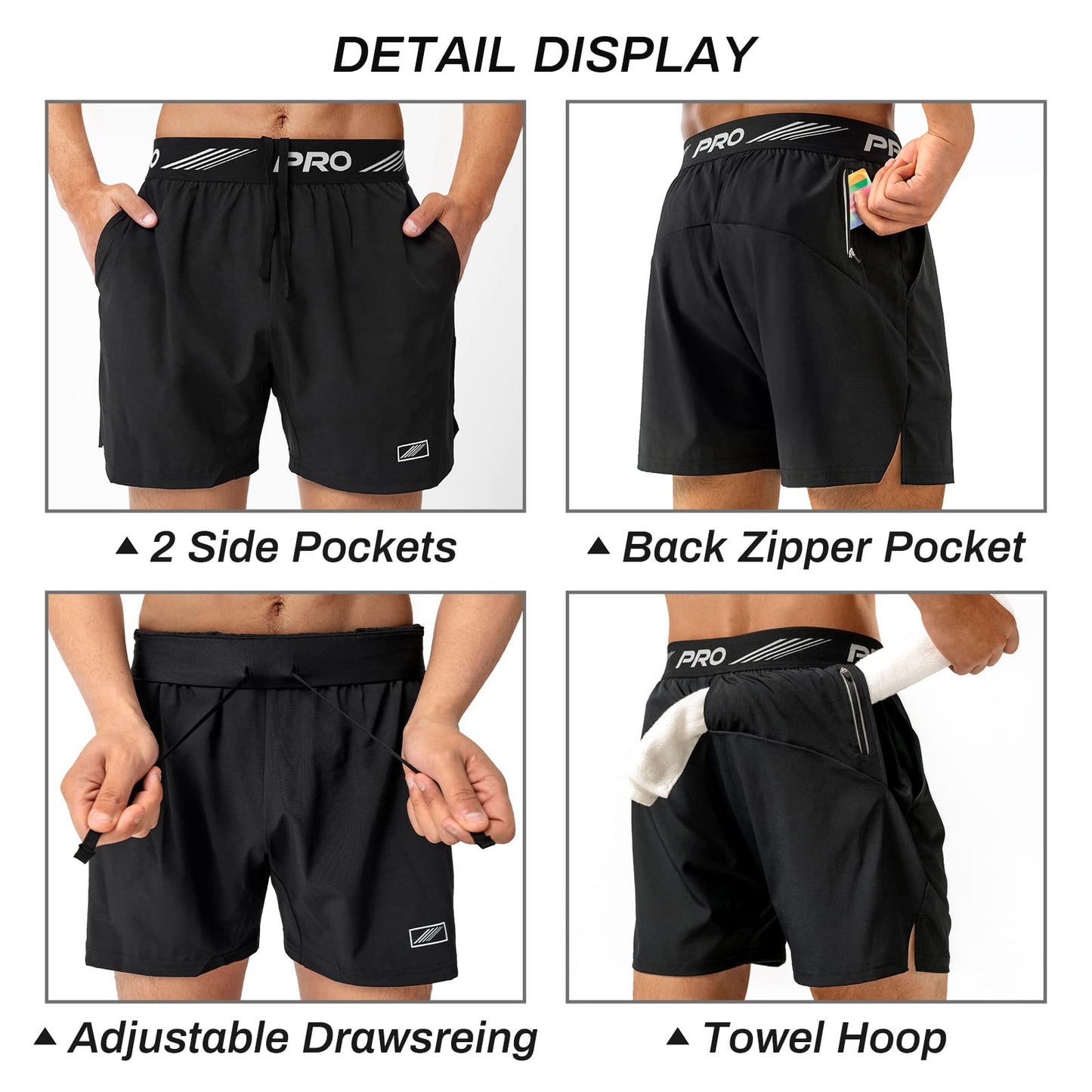 aquota 2 Pack Mens Gym Workout Shorts Lightweight Quick Dry Running Shorts 5" & 9" Tennis Athletic Training Shorts Zip Pockets M Black