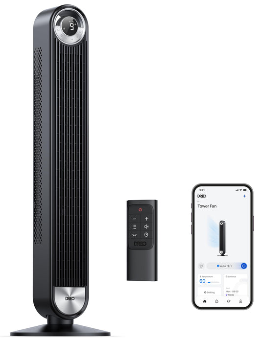 - Dreo 25dB Smart Silent Tower Fan | Upgrated DC 9 Speeds Utral-Quiet Floor Fan | 90° Oscillating Bladeless Cooling Fan | 4 Modes 12H Timer | Remote Control -