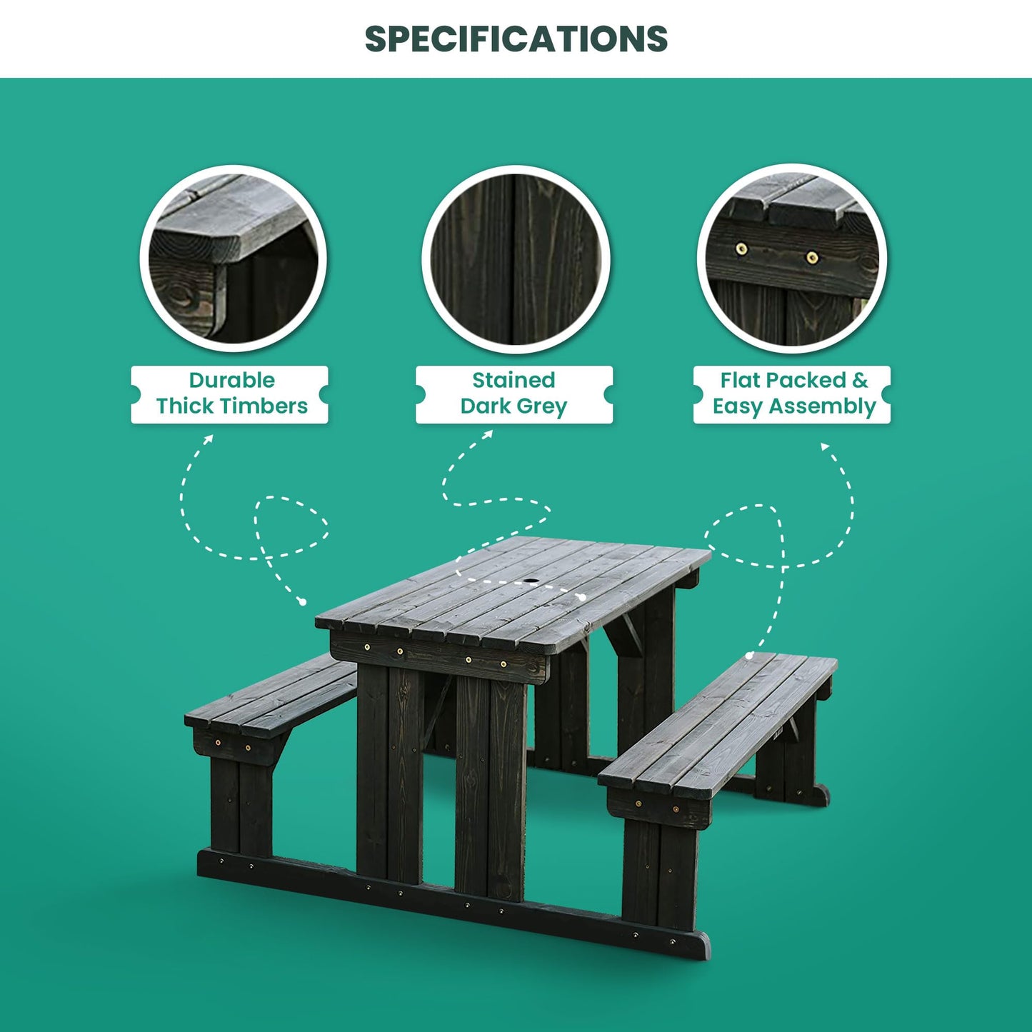BrackenStyle Guernsey Wooden Picnic Table - Easy Access Walk In Bench - 6 Seater (Dark Grey)