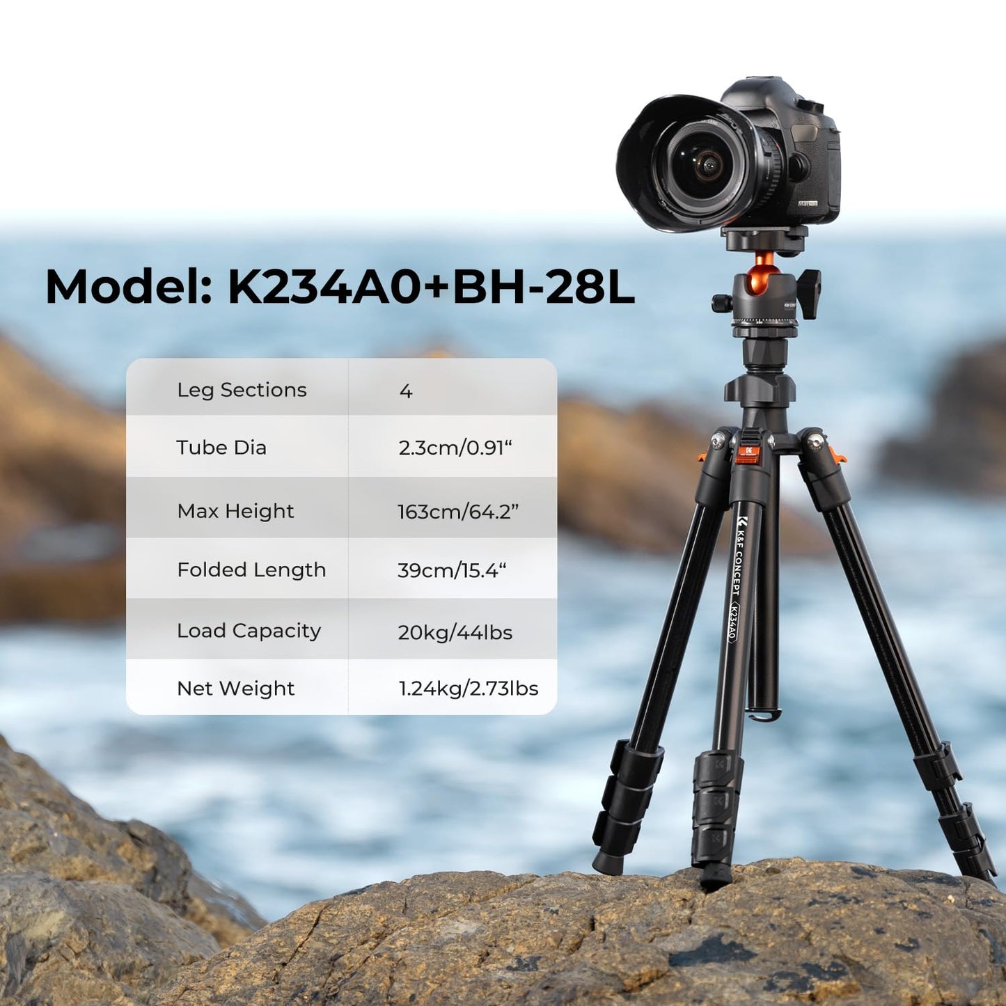 - K&F Concept 64 inch/163cm Camera Tripod | Lightweight Aluminum Travel Outdoor Tripod | Ball Head Load Capacity 20kg/44lbs -