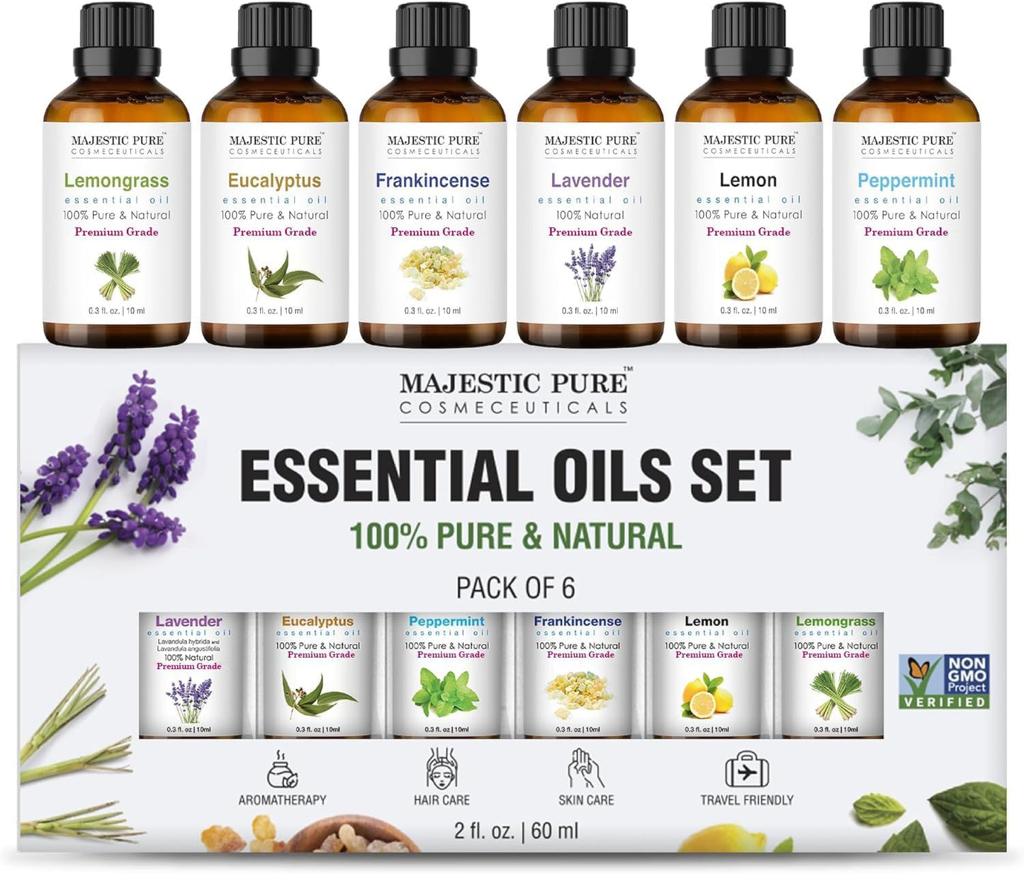 - Majestic Pure 100% Pure Essential Oils Set - 6 x 10ml (Peppermint, Lavender, Eucalyptus, Frankincense, Lemongrass, Lemon) for Diffusers, Aromatherapy, Candles, Humidifiers -