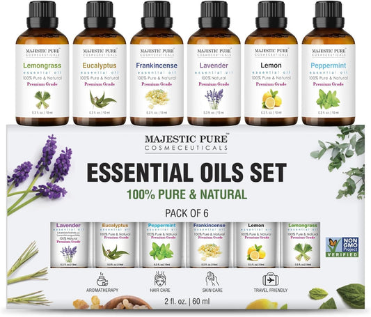 - Majestic Pure 100% Pure Essential Oils Set - 6 x 10ml (Peppermint, Lavender, Eucalyptus, Frankincense, Lemongrass, Lemon) for Diffusers, Aromatherapy, Candles, Humidifiers -