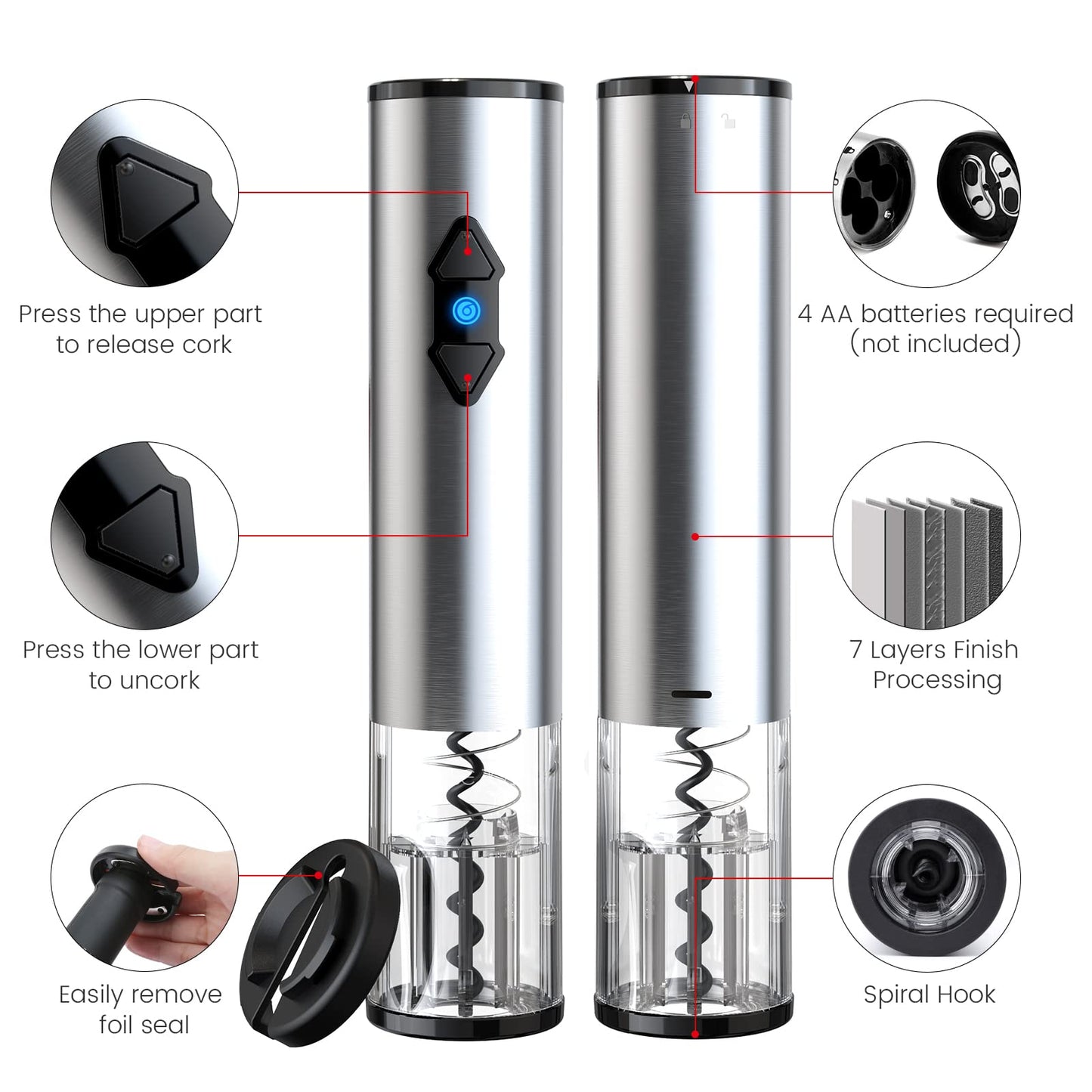 CIRCLE JOY Electric Wine Opener Battery Operated Wine Bottle Openers Stainless Steel Corkscrew with Foil Cutter, Silver