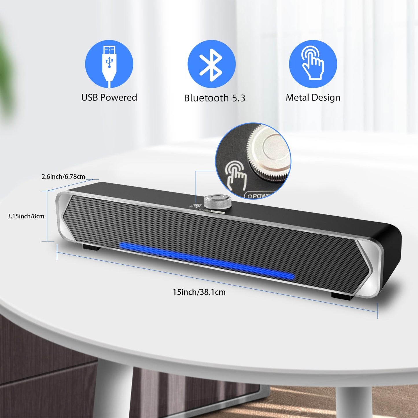 Computer PC Speakers, Bluetooth 5.3 Computer Soundbar for Desktop Monitor Speakers, Wired USB Powered PC Sound bar with LED, Superb Stereo Sound for Desktops, Laptops, Tablets, Smartphones-Silver