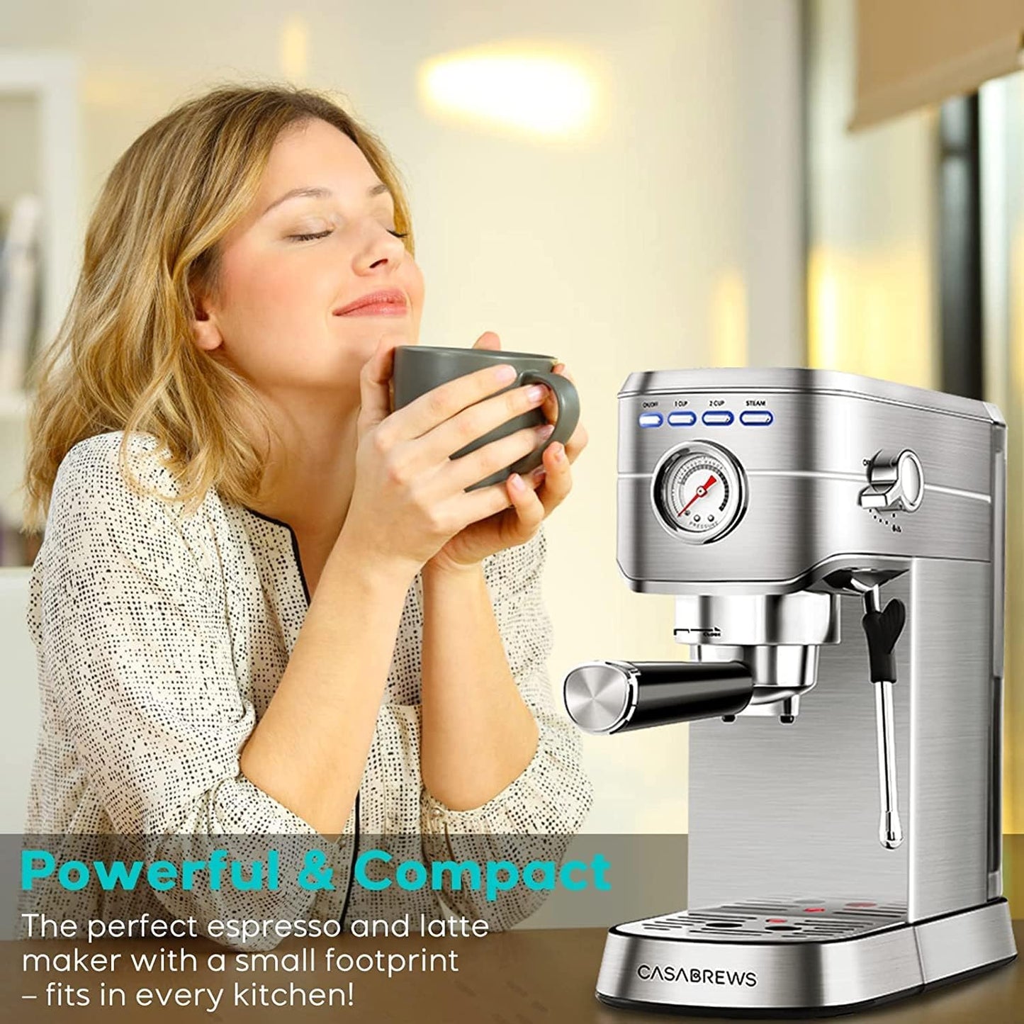 CASABREWS Espresso Machine 20 Bar, Stainless Steel Espresso Coffee Machine with Milk Frother Steam Wand, Barista Coffee Maker with 1L Removable Water Tank for Cappuccino, Latte, Gift for Her or Him