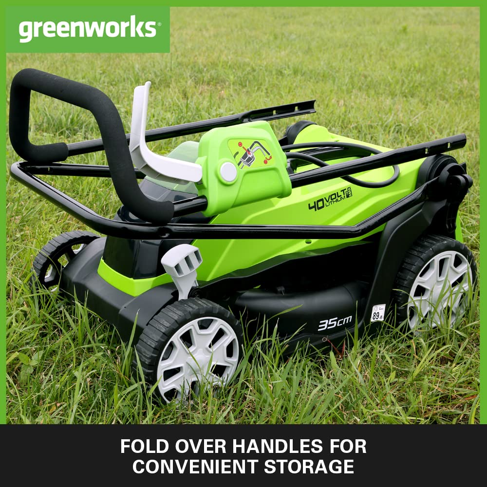 - Greenworks 40V Cordless Lawnmower | 35cm Cutting Width | 40L Bag PLUS Two 40V 2Ah Batteries -