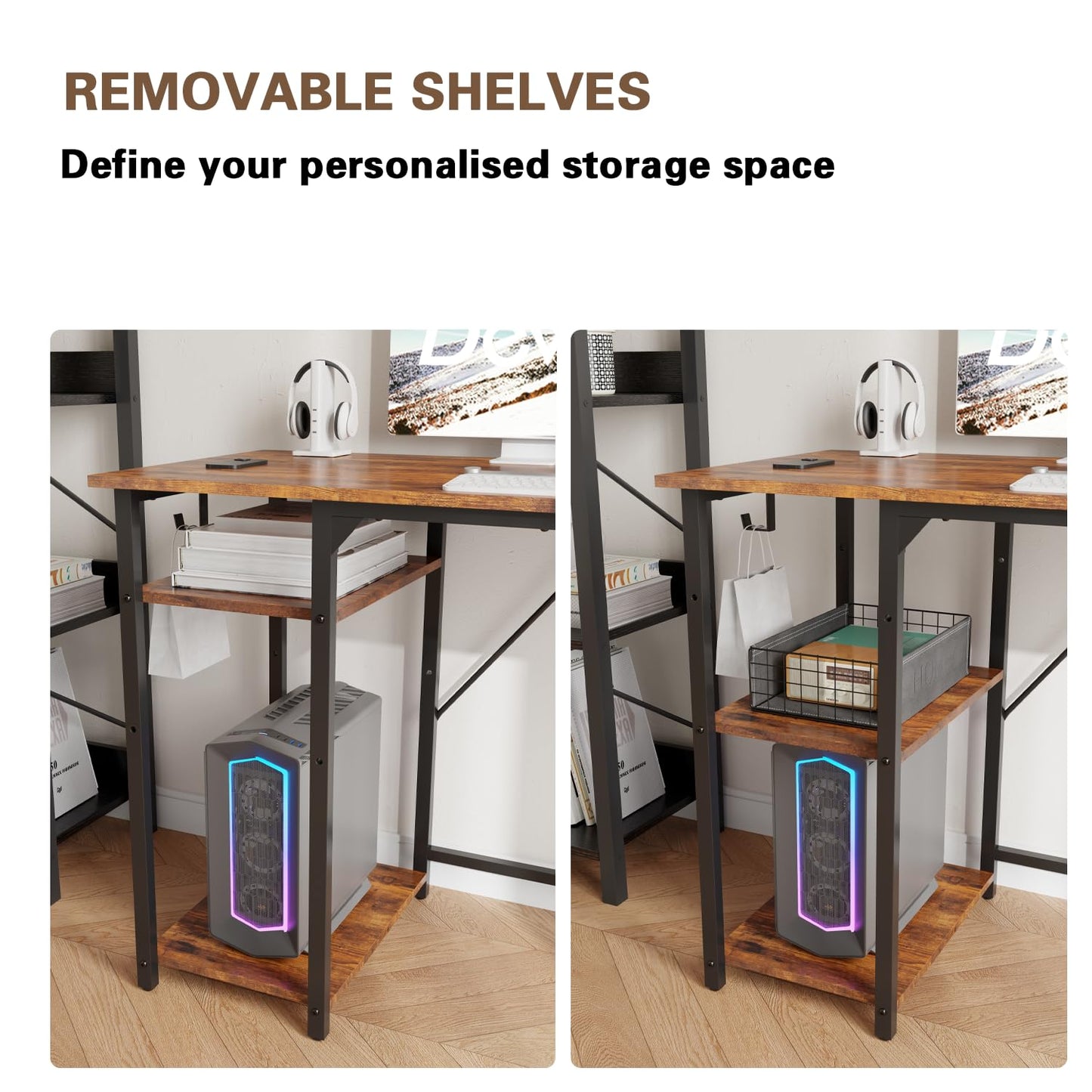 Devoko 100cm Computer Desk with Storage Shelves, Study Writing Desk Small Desks for Small Spaces, Home Office desk, Laptop Table for Home Workstations, Side Pocket Storage Bag, Rustic Brown