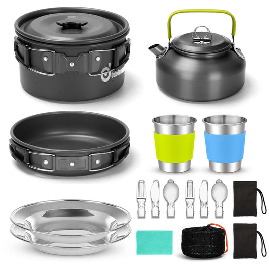 - Odoland Camping Cookware Set |Non Stick Pot Pan Kettle Set | Stainless Steel Cups | Plates -