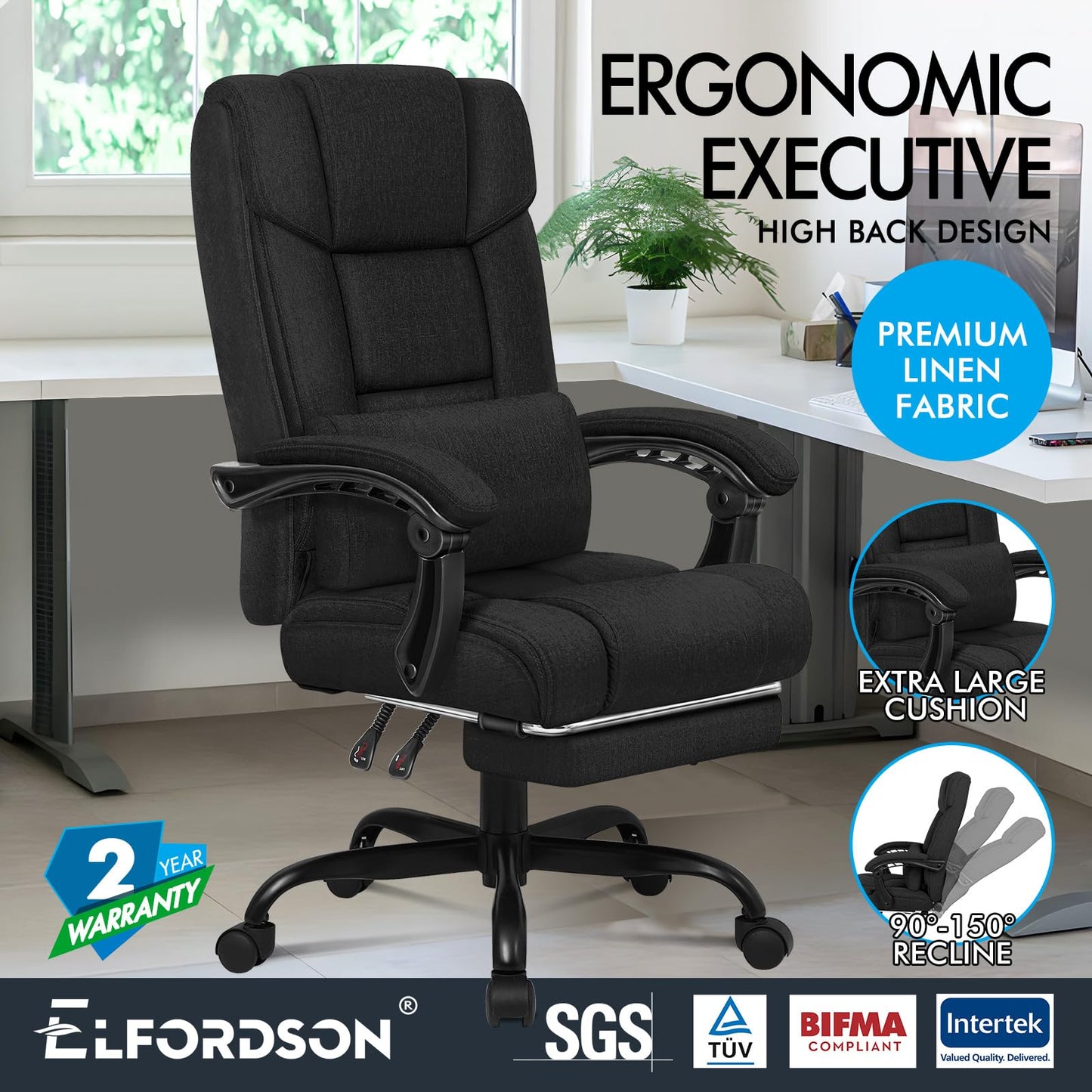 - ELFORDSON Office Chair | XL Lumbar Cushion | Computer Desk Chair with Footrest | High Back 150° Recliner -