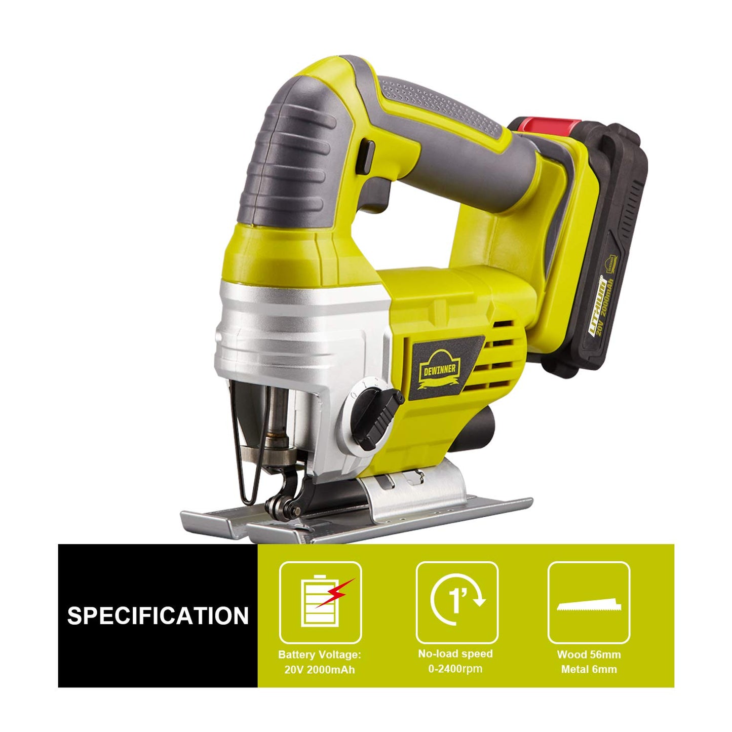 - DEWINNER Cordless Jigsaw | Electric Saw Tool | Variable Speed for Bevel Cutting Led Light | Include 2.0Ah Li-ion 20V MAX Battery and Fast Charger | 5*Blades | Tool-Less Blade Change for Metal Cutting -
