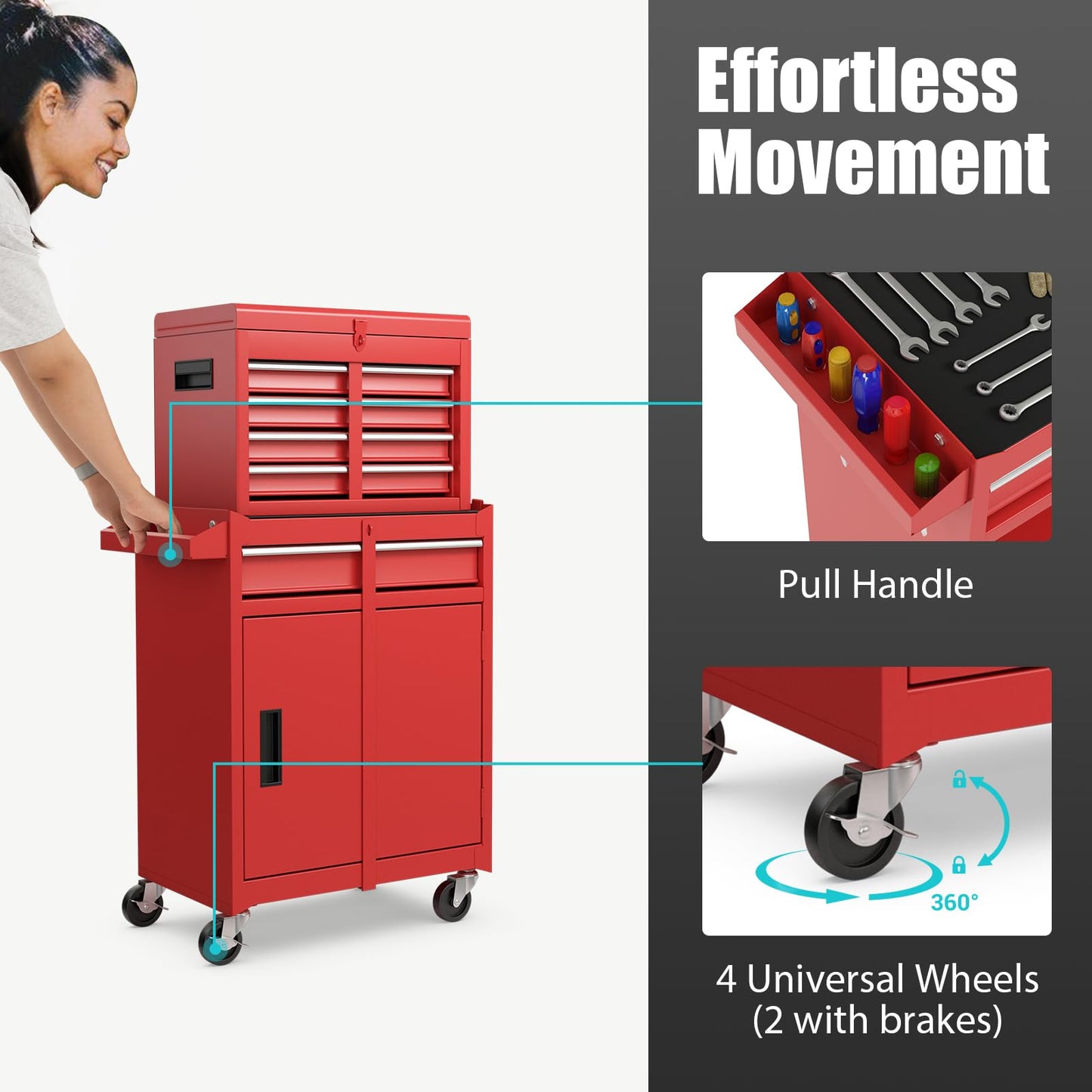 COSTWAY Large Rolling Tool Cabinet, 2-in-1 Detachable Metal Tool Chest with Drawers, Wheel, Handle, Hooks & Pegboard, Lockable Tool Box Trolley for Garage Workshop (with Adjustable Shelf, Red)