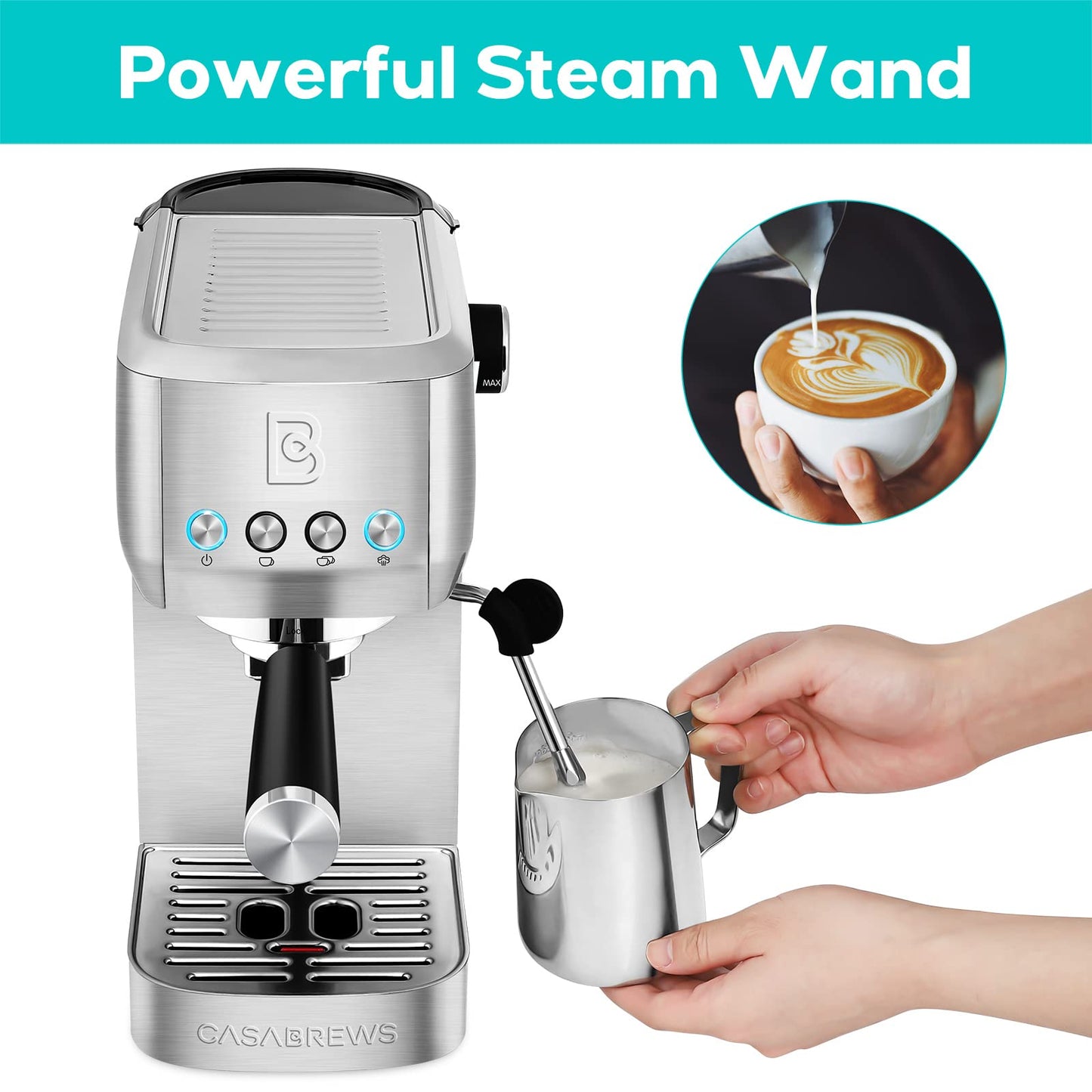 CASABREWS 20 Bar Coffee Machine, Professional Coffee Maker, Cappuccino and Latte Machine with Steam Milk Frother, Compact Espresso Machine with 1.3L Removable Water Tank, Stainless Steel