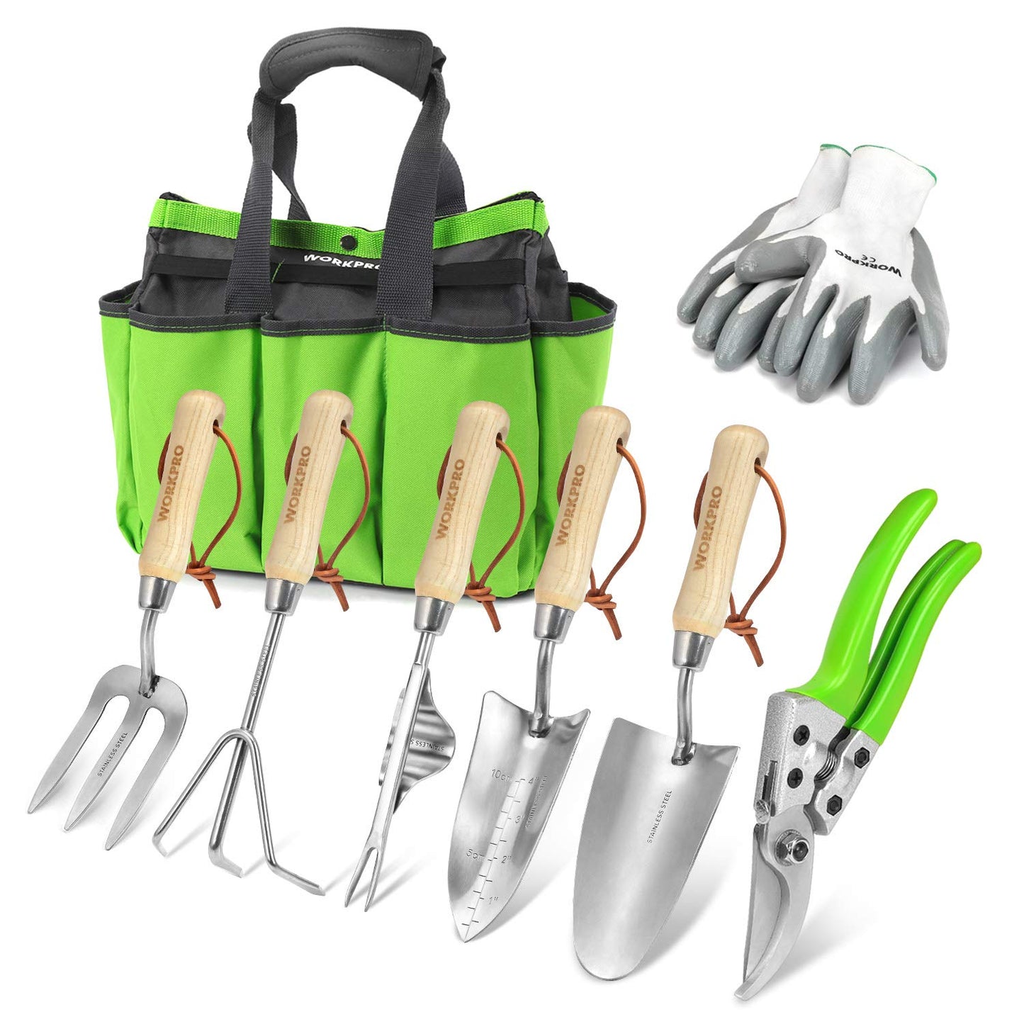 - WORKPRO 7 Piece Garden Tools Set, Stainless Steel Hand Tools with Wooden Handle, Including Gloves, Trowel, Weeder, Hand fork, Hand Rake, Transplanter, Pruner and Garden Tote