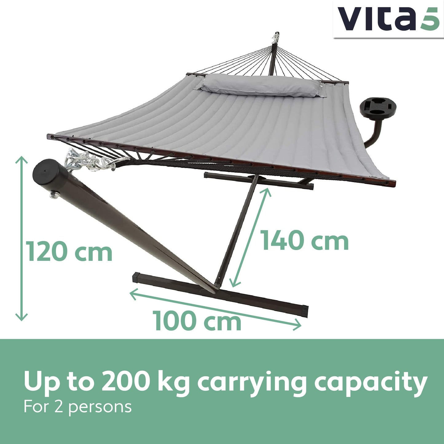- Vita5 Hammock with Stand and Sidetable – 2 Person Garden Hammocks with Cup Holder -