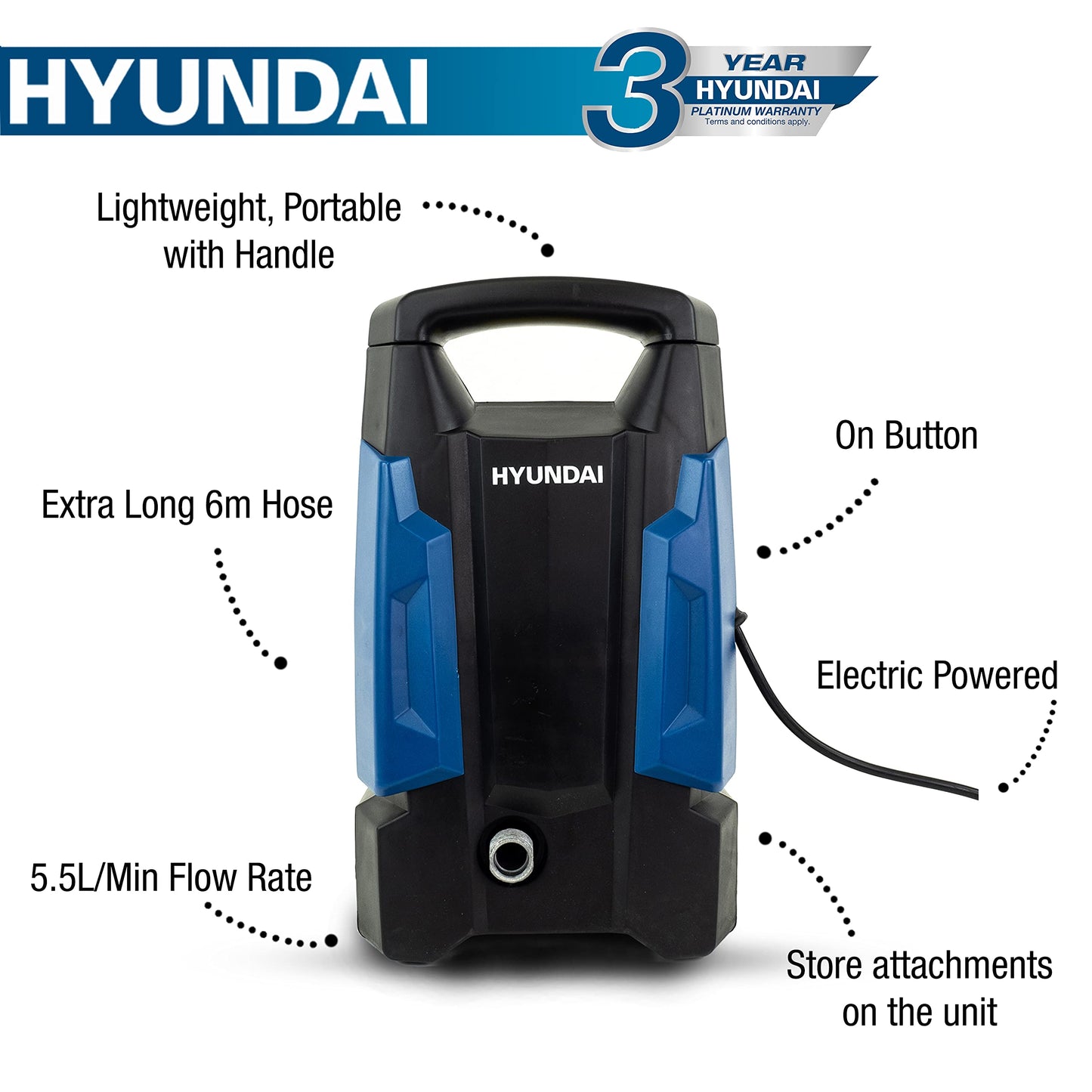 - Hyundai 1700W 1740psi / 120Bar Electric Pressure Washer | Ultra-quick 5.5L/min flow rate  | Extra-long 6m hose Jet Washer -