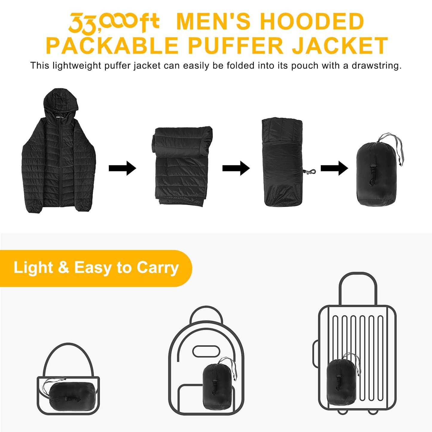 33,000ft Lightweight Waterproof Puffer Jacket Men's Packable Insulated Winter Jacket with Hood Windproof Mens Quilted Coat for Hiking, Travelling Black L