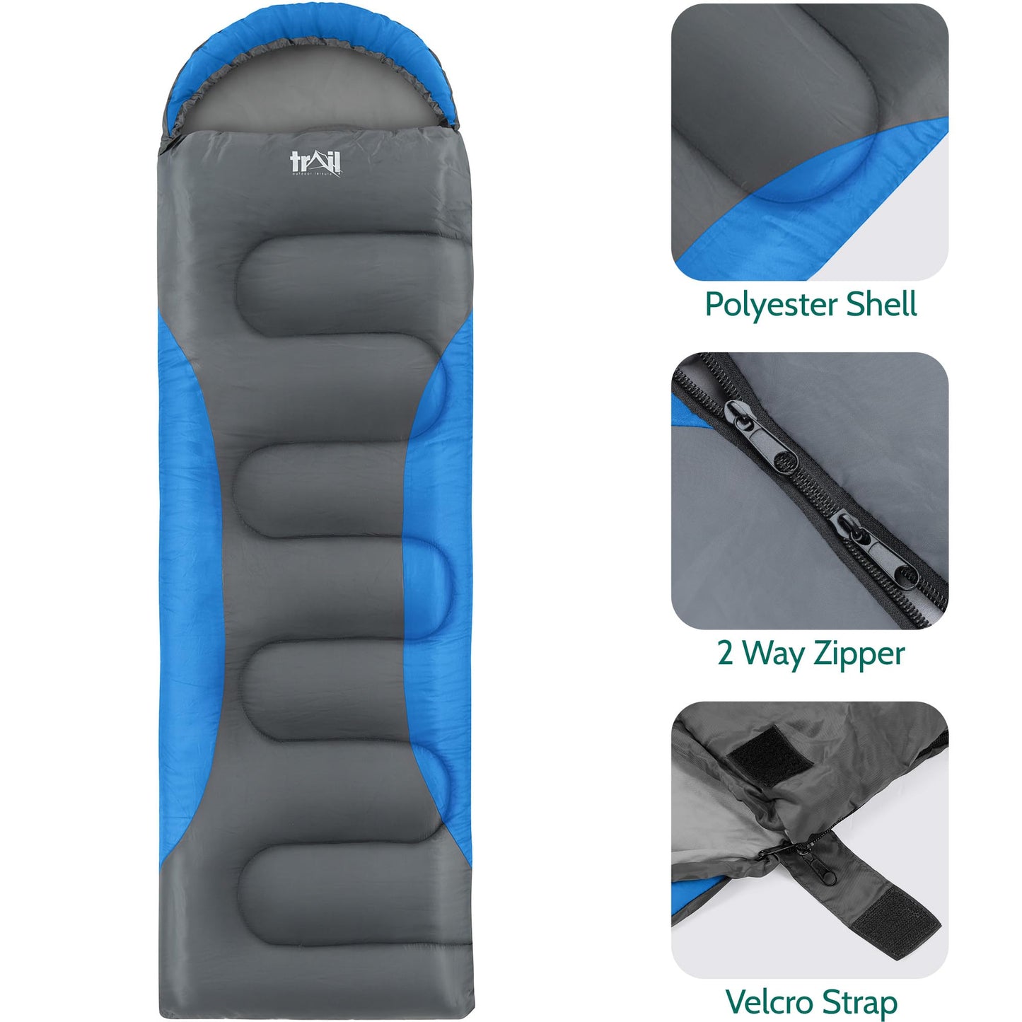 - Trail Envelope Sleeping Bag With Snug Hood| 3 Season | Water-Resistant -