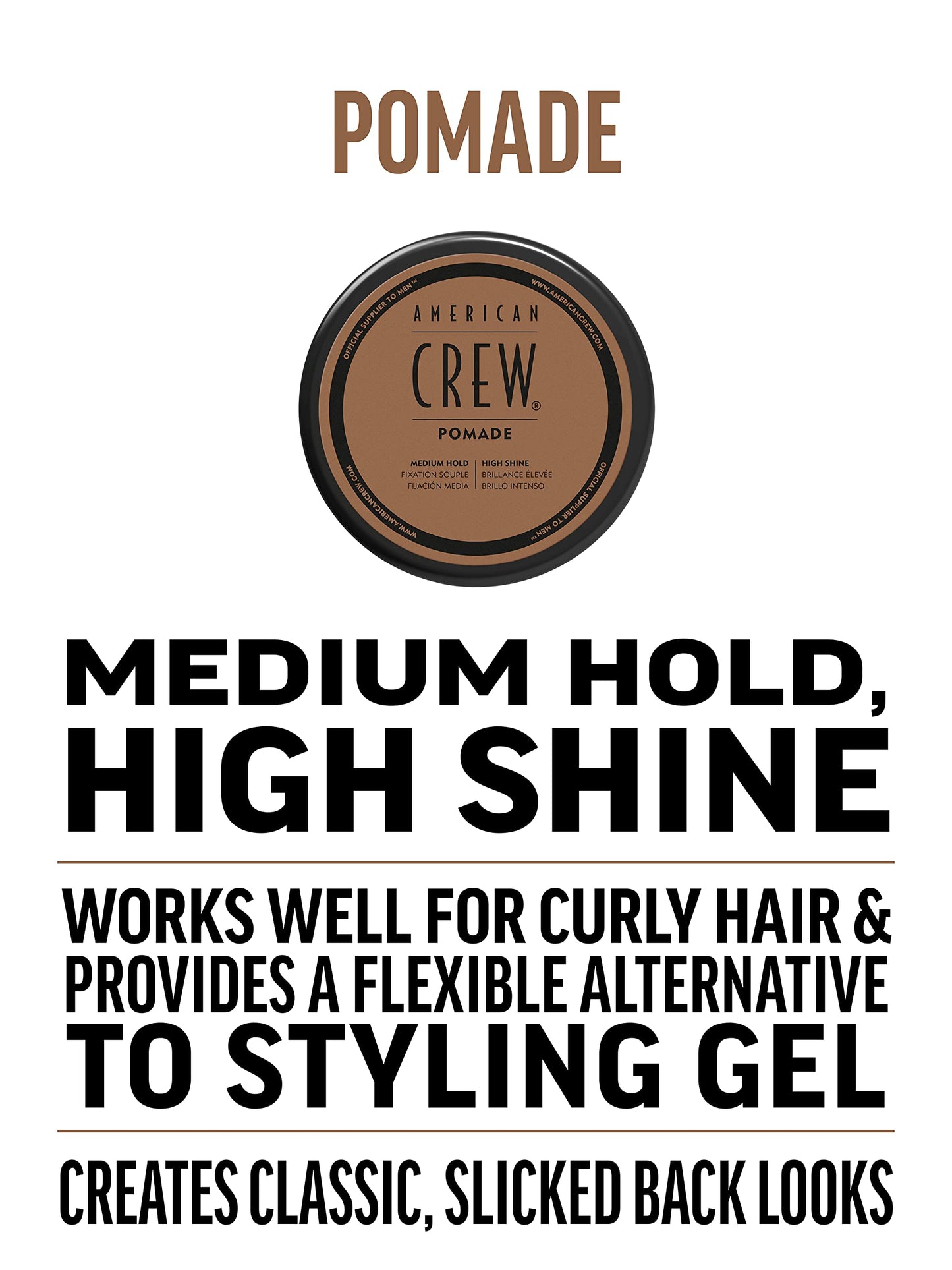 American Crew Pomade with Medium Hold & High Shine, Gifts For Men, For Shape & Control (85g) Water-based Pomade, Hair Styling for Men