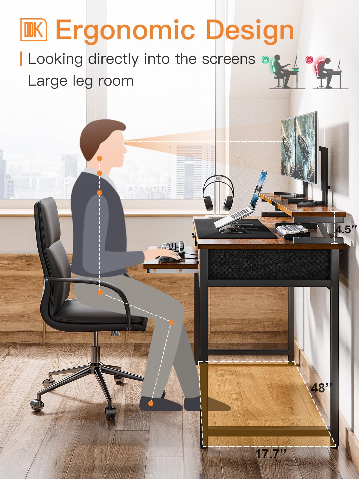 - ODK Computer Desk with Drawers | 48 Inch Office Desk with Keyboard Tray -