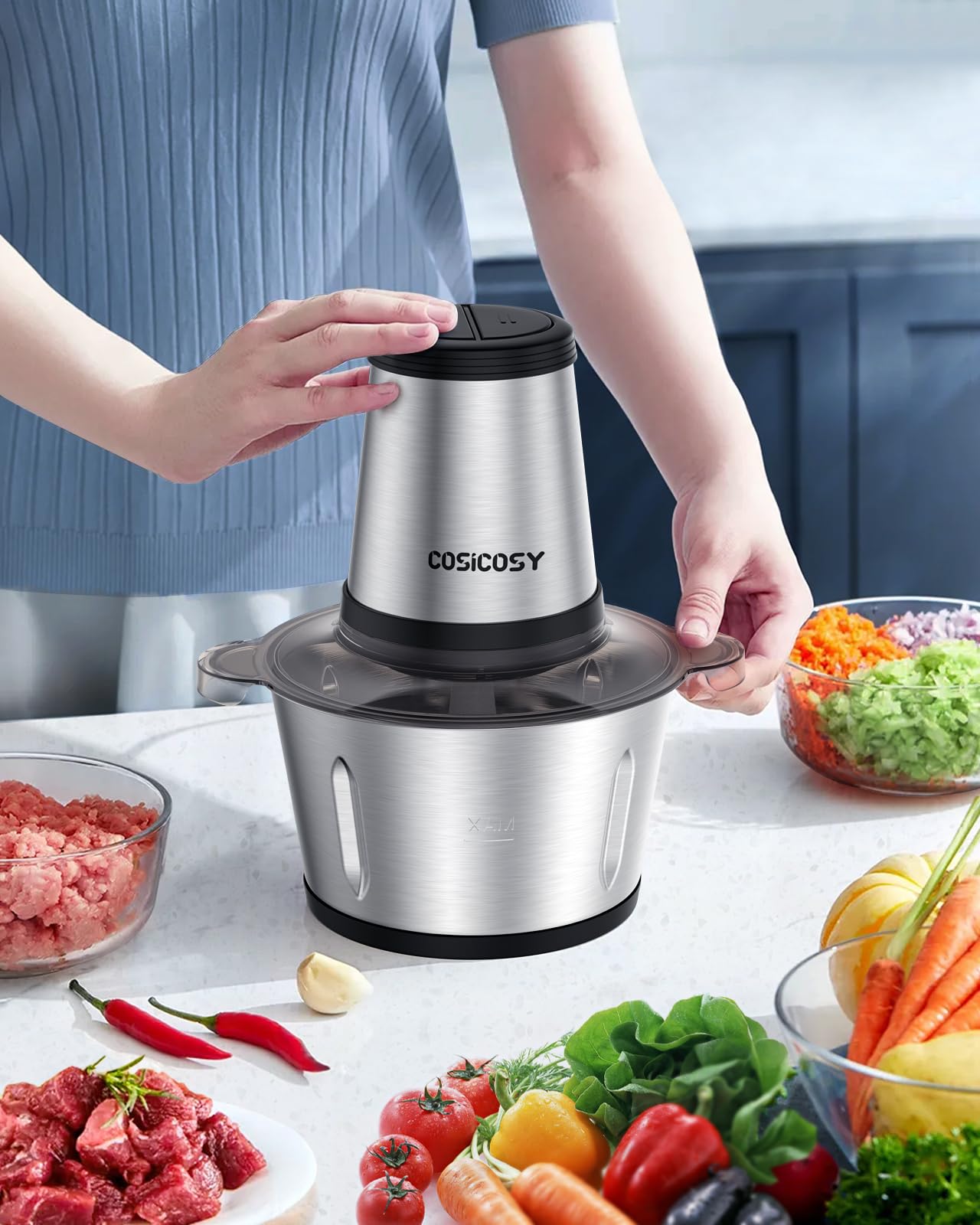 - Food Processor | Cosicosy 2L Meat Grinder with 4 Durable Blades | 2 Speed Adjustable Food Grinder Stainless Steel Food Chopper -