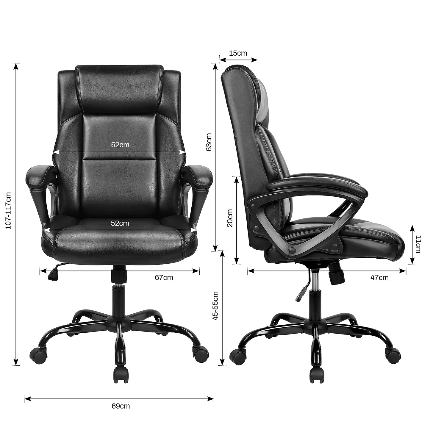 BASETBL Executive Office Chair, High Back Ergonomic Chairs with Padded Cushion, Heavy Duty PU Leather Chairs with Height Adjustable and Soft Armrest Reinforced Comfortable Desk Chair-Black New