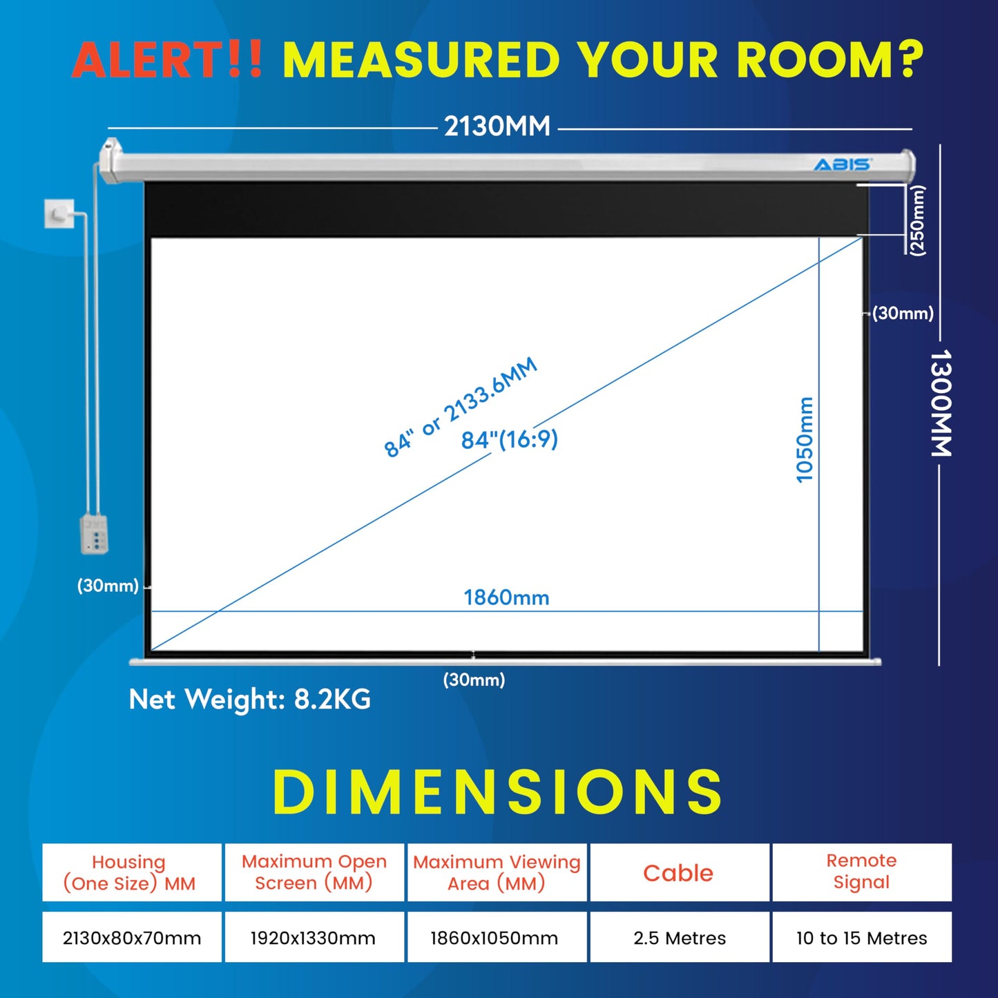 ABIS 84" Electric Motorised Projector Screen | Support 16:9 Aspect Ratio Resolution FHD, 2K to 8K | Perfect for Meeting, School, Home, Theatre, Cinema Indoor