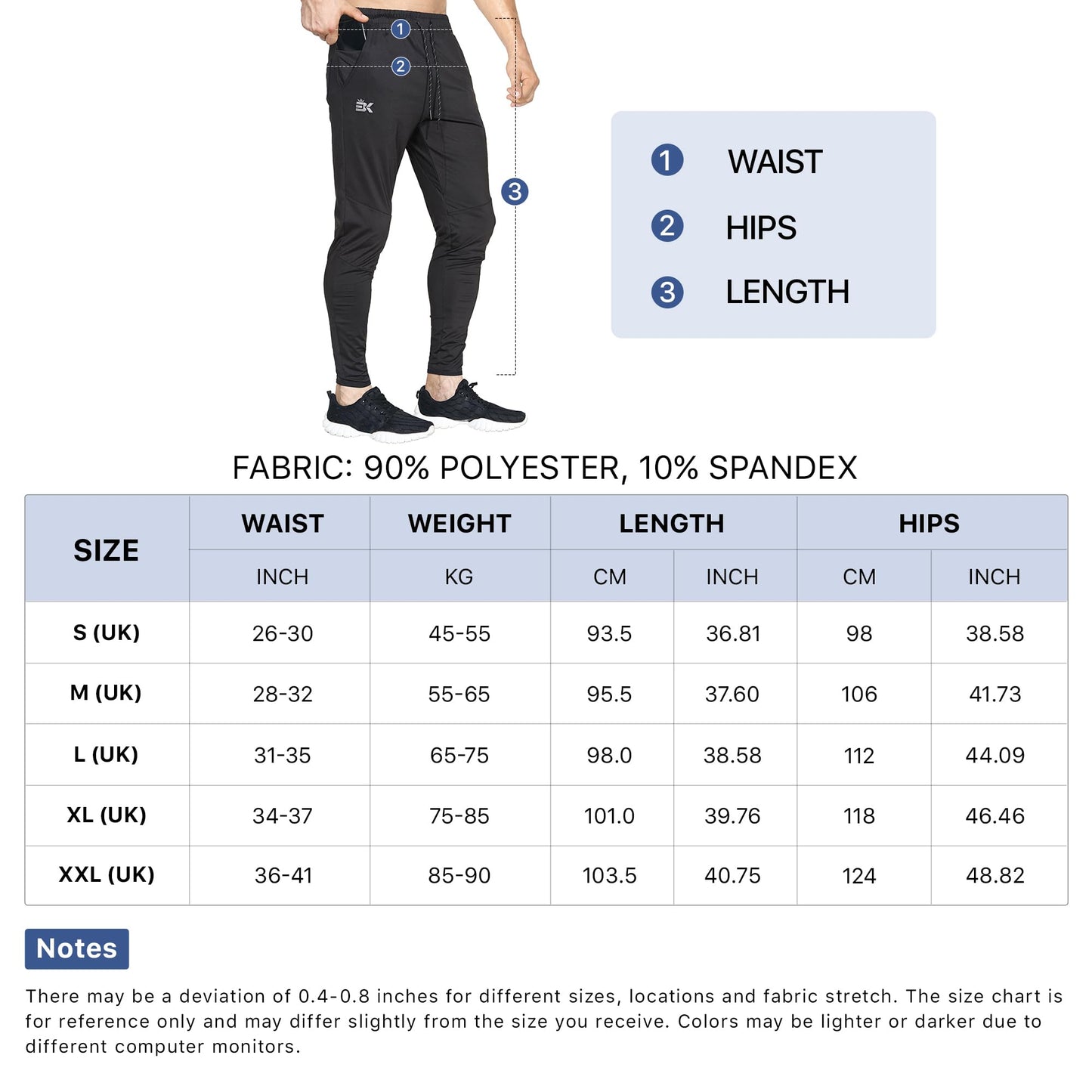 BROKIG Mens Lightweight Tracksuit Bottoms Elastic Sports Trousers Gym Running Joggers(Black,Large)