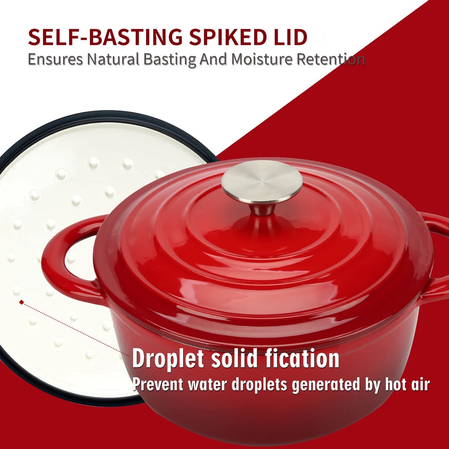 COOKWIN Cast Iron Dutch Oven,3 L Enamel Coated Cookware Pot with Self Basting Lid, Ideal for Family, Cerise