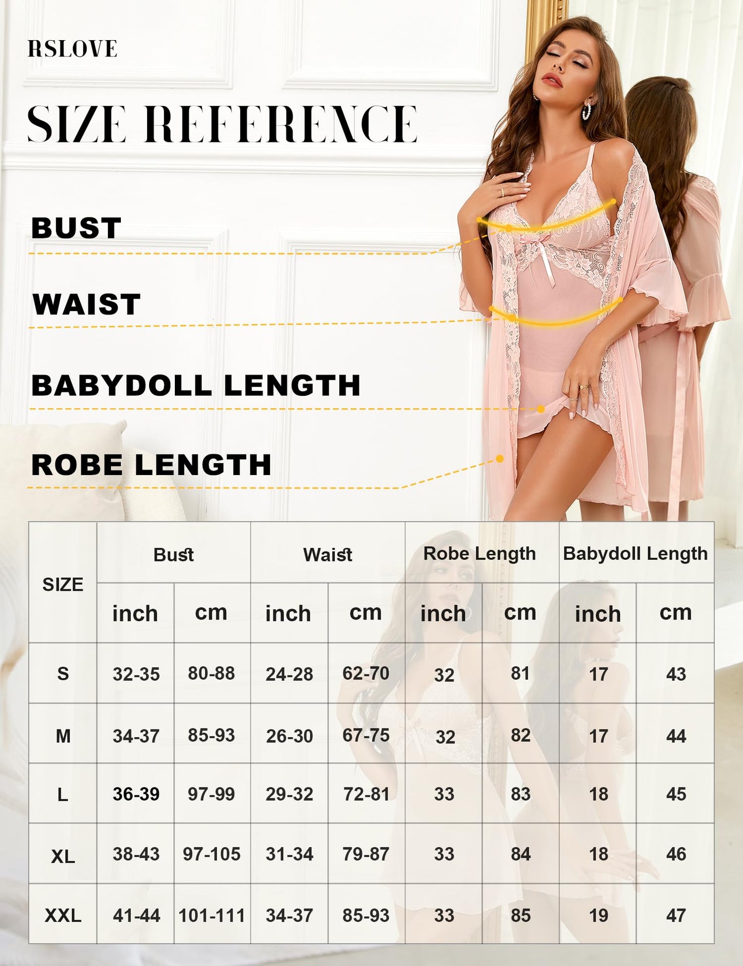 - RSLOVE Women's Sexy Lingerie | Lace Babydoll with Robe Nightdress Sleepwear | Pink M -