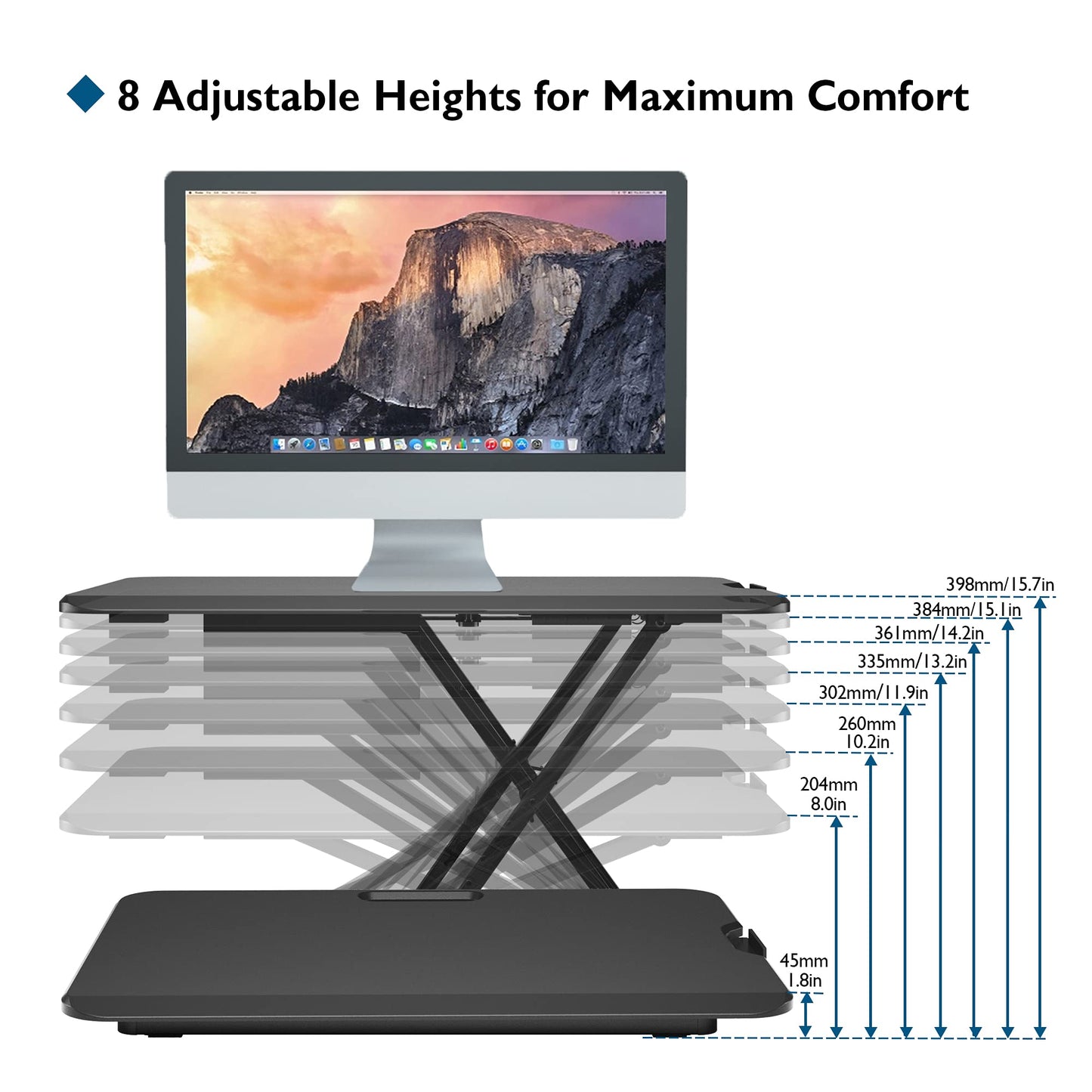 BONTEC Standing Desk Converter 67x47cm, Height Adjustable Sit Stand desk Converter Workstation, Ergonomic X-Frame Desk Riser for Laptop, Monitor, Keyboard Home Office, Ultra-Slim Desk Raiser up to 8kg