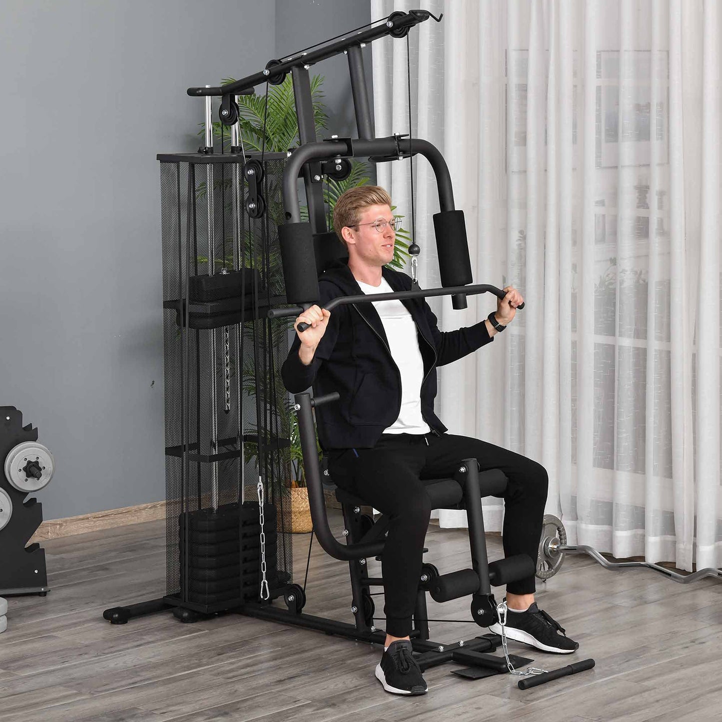 - HOMCOM Multi-Exercise Gym Workout Station | 45Kg Weight Stack Training System | Full Body Fitness for Home Gym -