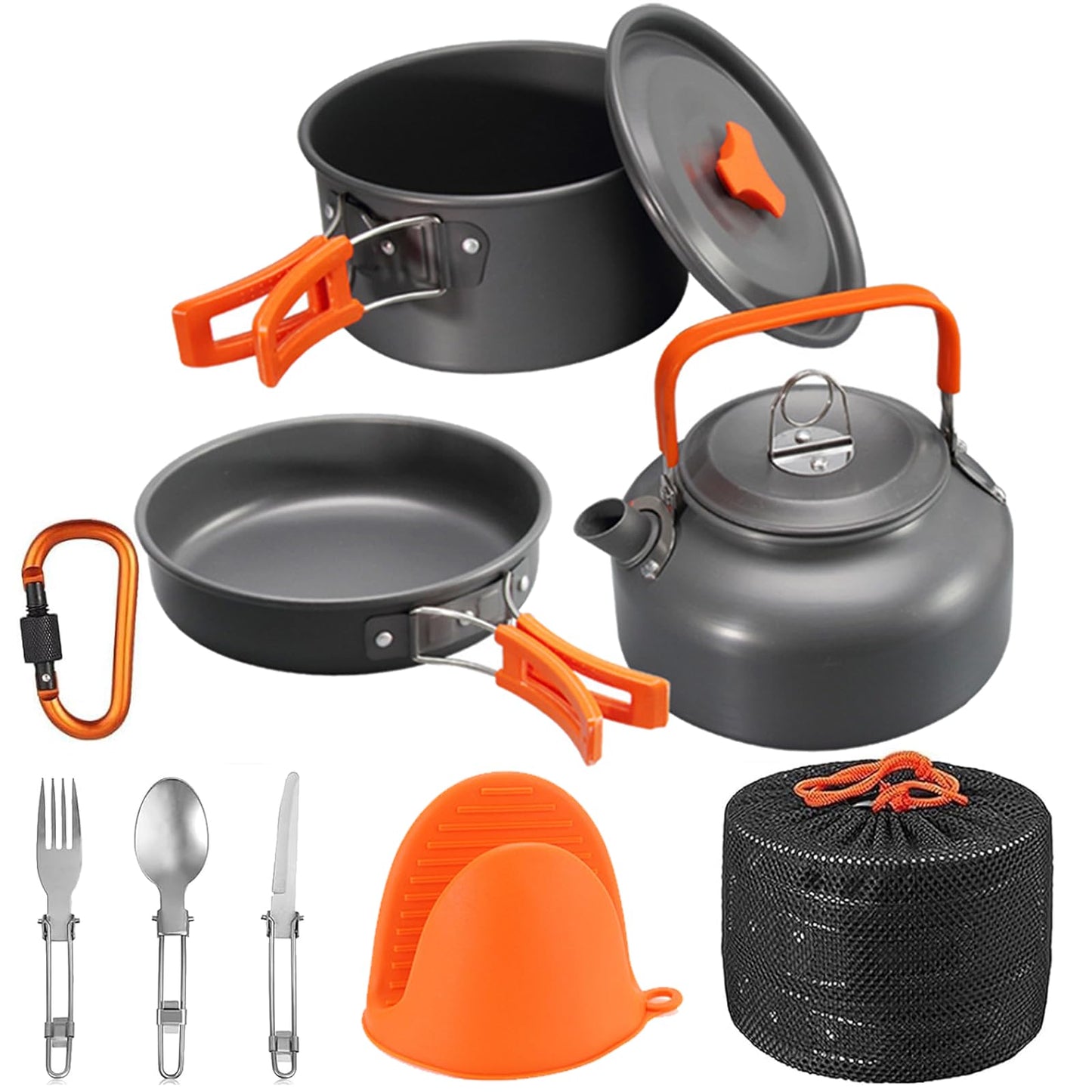 Camping Cooking Set WODSTA camping equipment for 1-3 People Aluminium Camping Cookware 9 PCS Camping Accessories Cooking Include 1.5L Pot, 0.8L Kettle and Pan etc |Easy to Clean||Easy to Pack Away|