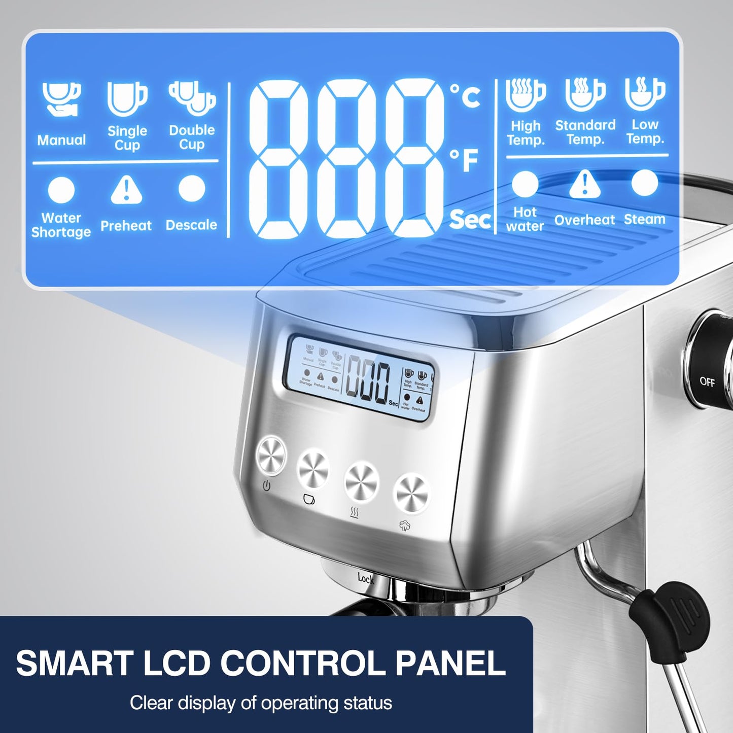 AMZCHEF 20 Bar Espresso Coffee Machines with LCD Panel and Steam Milk Frother, Compact Cappuccino and Latte Machine, All In One Coffee Machine for Home Use with 1.3L Removable Water Tank, 2 Filters