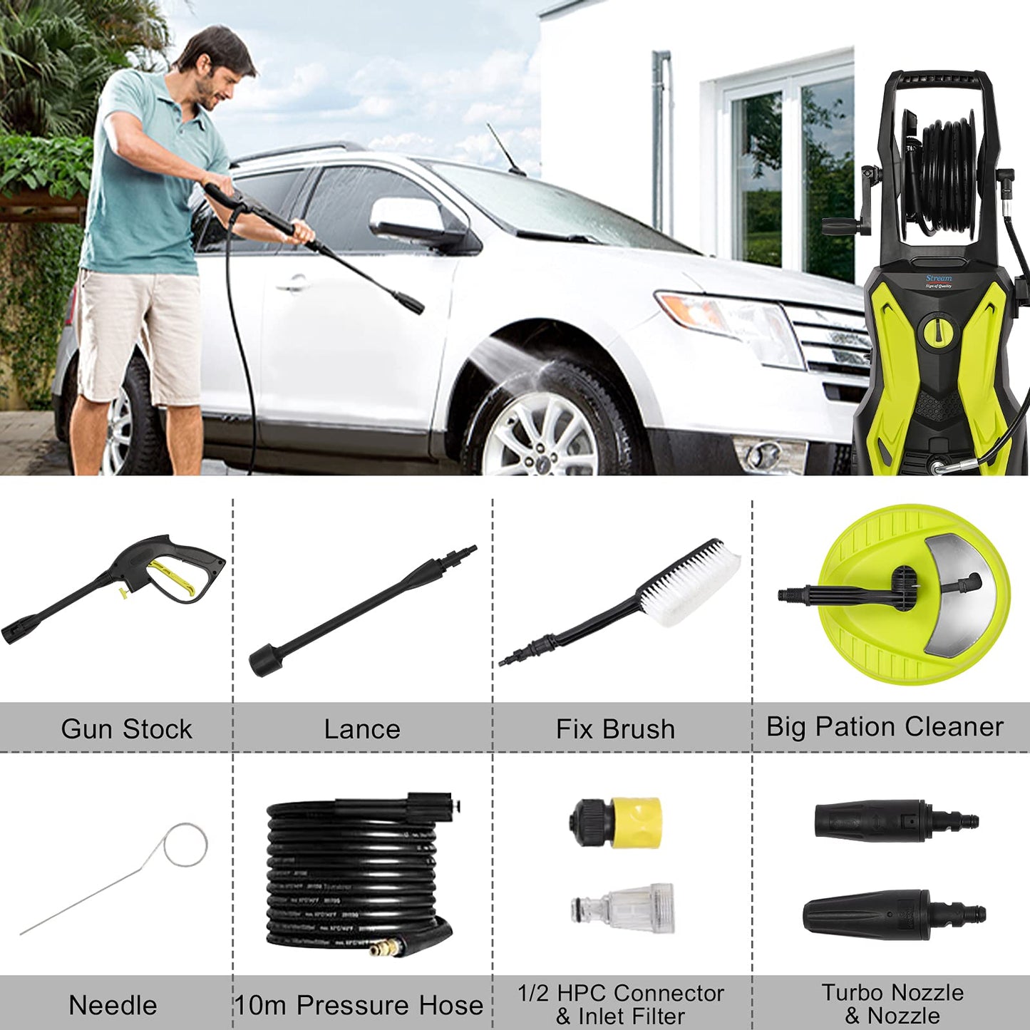 - Stream Pressure Washer | 2000W 150Bar 450L/H | Portable Electric Power Washer -