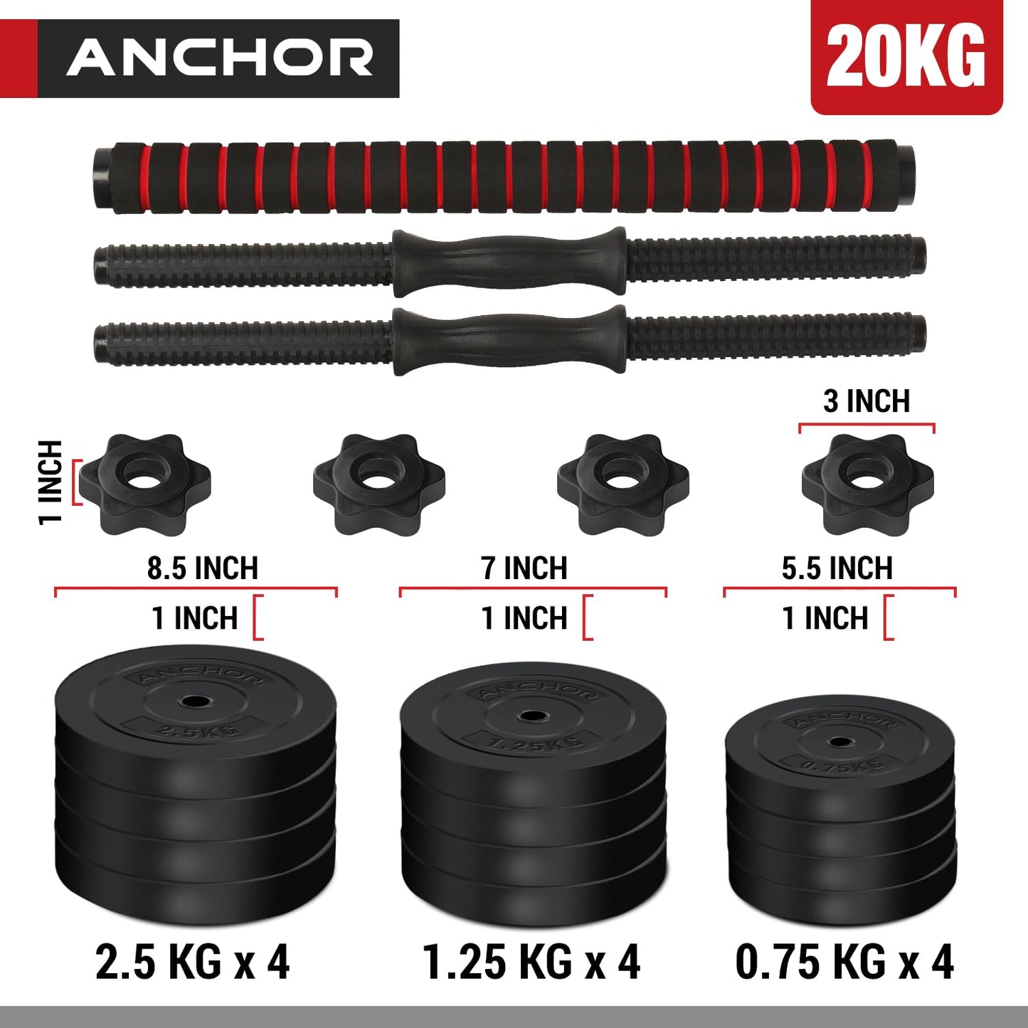 Anchor's Adjustable Dumbbells Weights set for Men Women, Dumbbell hand weight Polyvinyl Chloride Barbell Perfect for Bodybuilding fitness weight lifting training home gym equipment free weights (20)