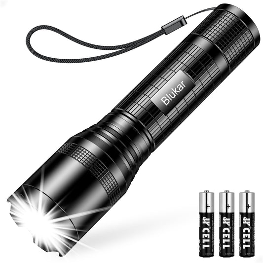 Blukar LED Torch Battery Powered, 2000L Super Bright Adjustable Focus Flashlight, 5 Lighting Modes, IPX6 Waterproof Pocket Size Torch for Power Cuts, Emergency (3 AAA Batteries Included)
