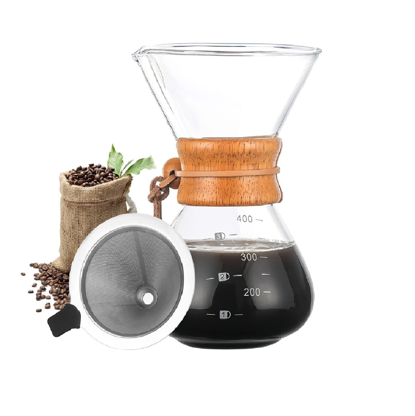 Bestcool Pour Coffee Maker, 400ml Manual Coffee Dripper Brewer with Stainless Steel Filter Borosilicate Glass Carafe with Real Wood Sleeve - No Paper Filters Needed